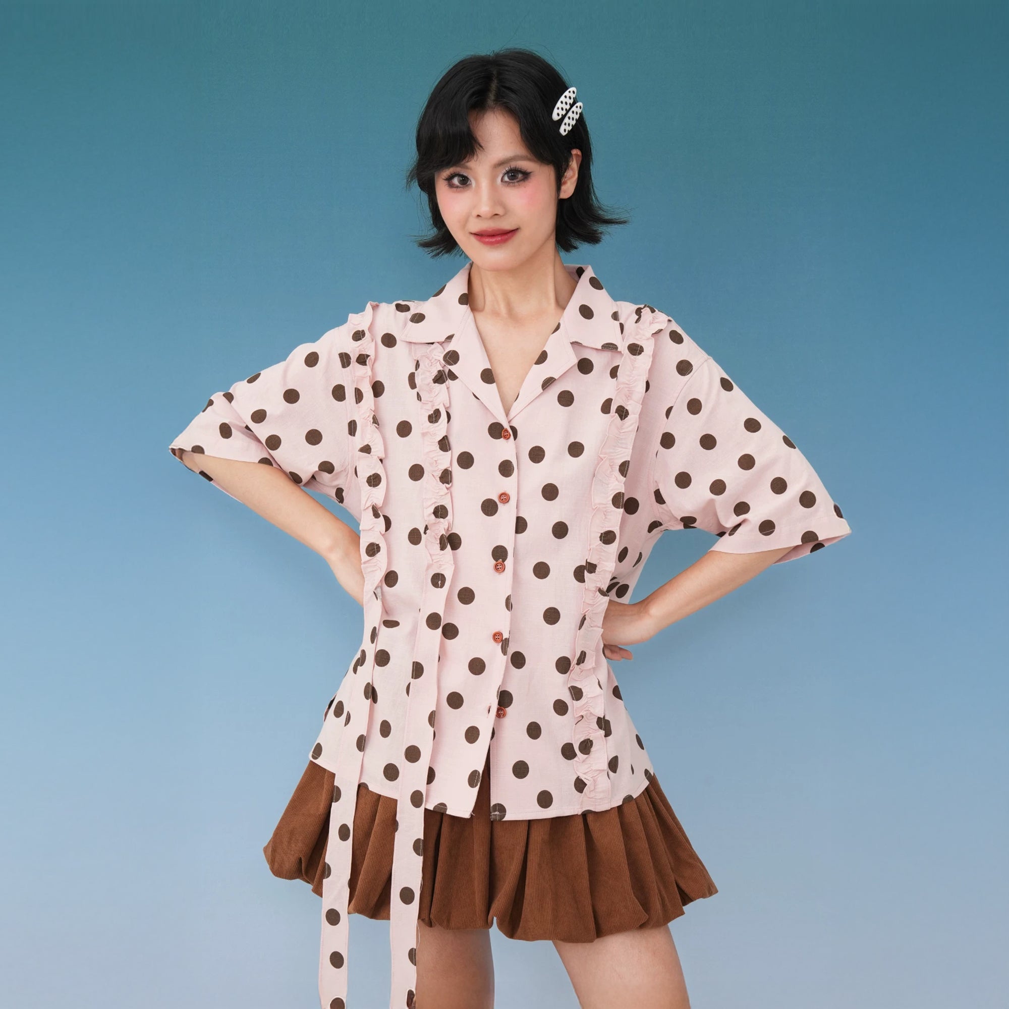 NOPMOB Polka Dot Ruffle Tie Half-Shirt
