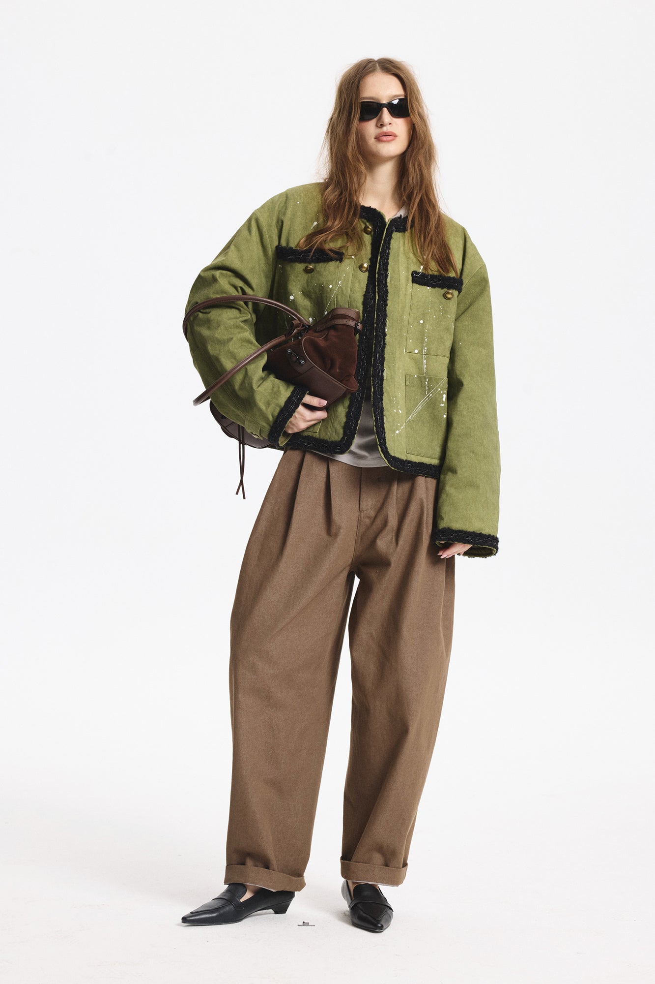 LEONSENSE Paneled Fleece Trim Paint-Splattered Jacket