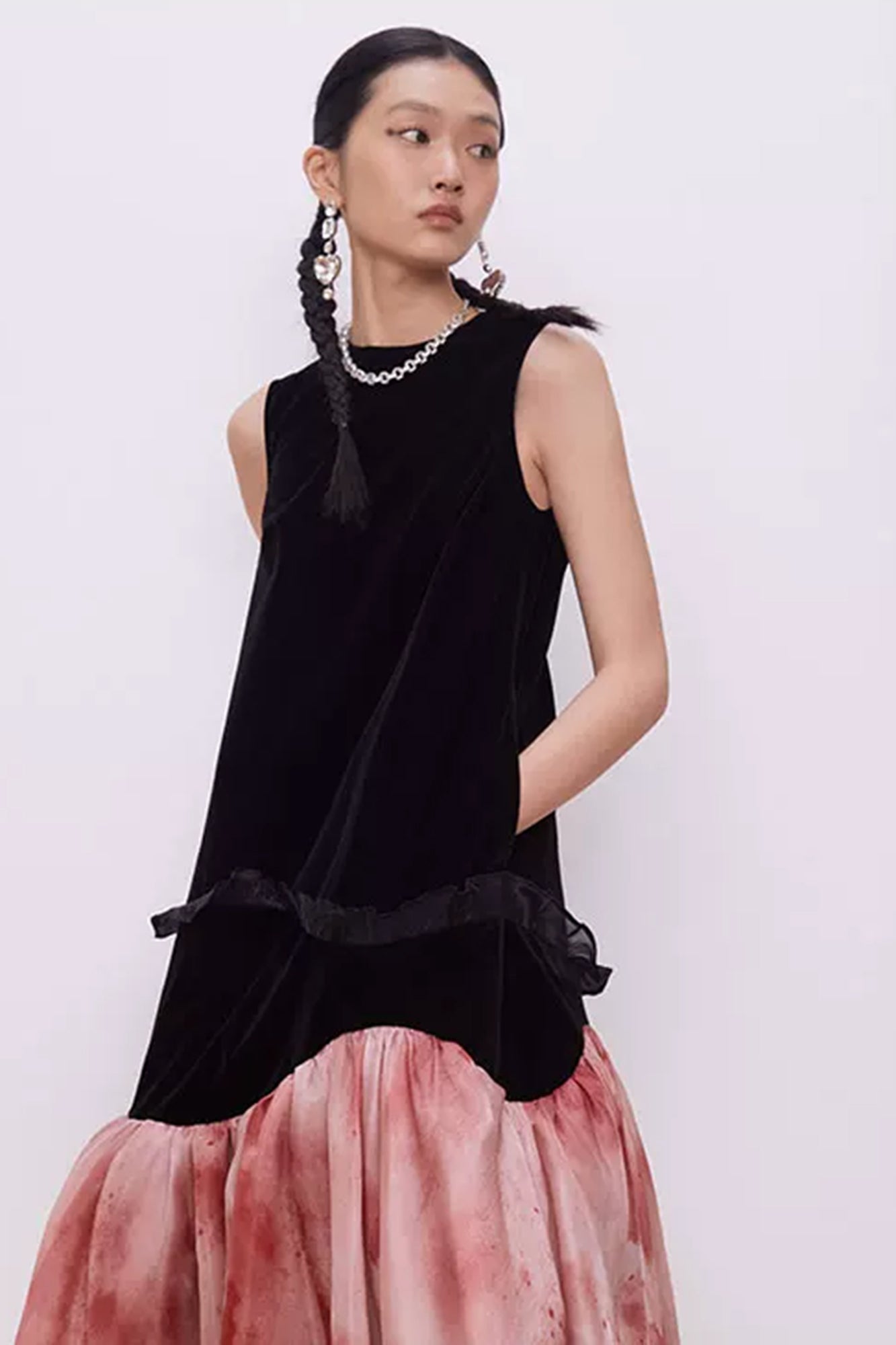 LAYERS Asymmetrical Flounce-Hem Spliced Maxi Dress