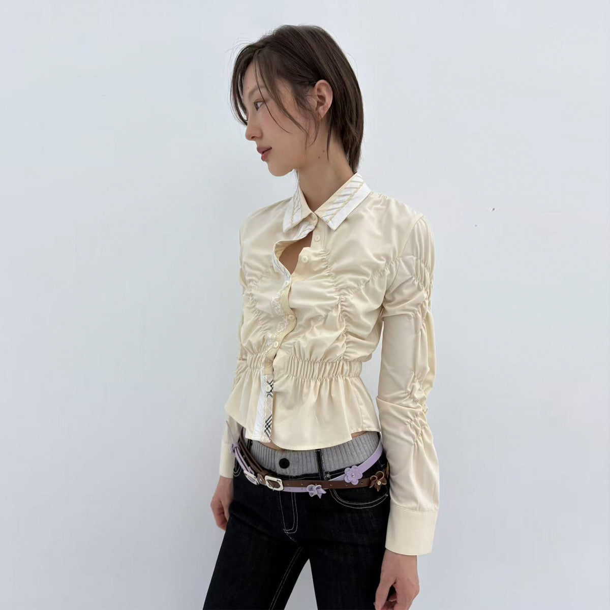 9266 STUDIO Asymmetrical Ruched Waist Shirt