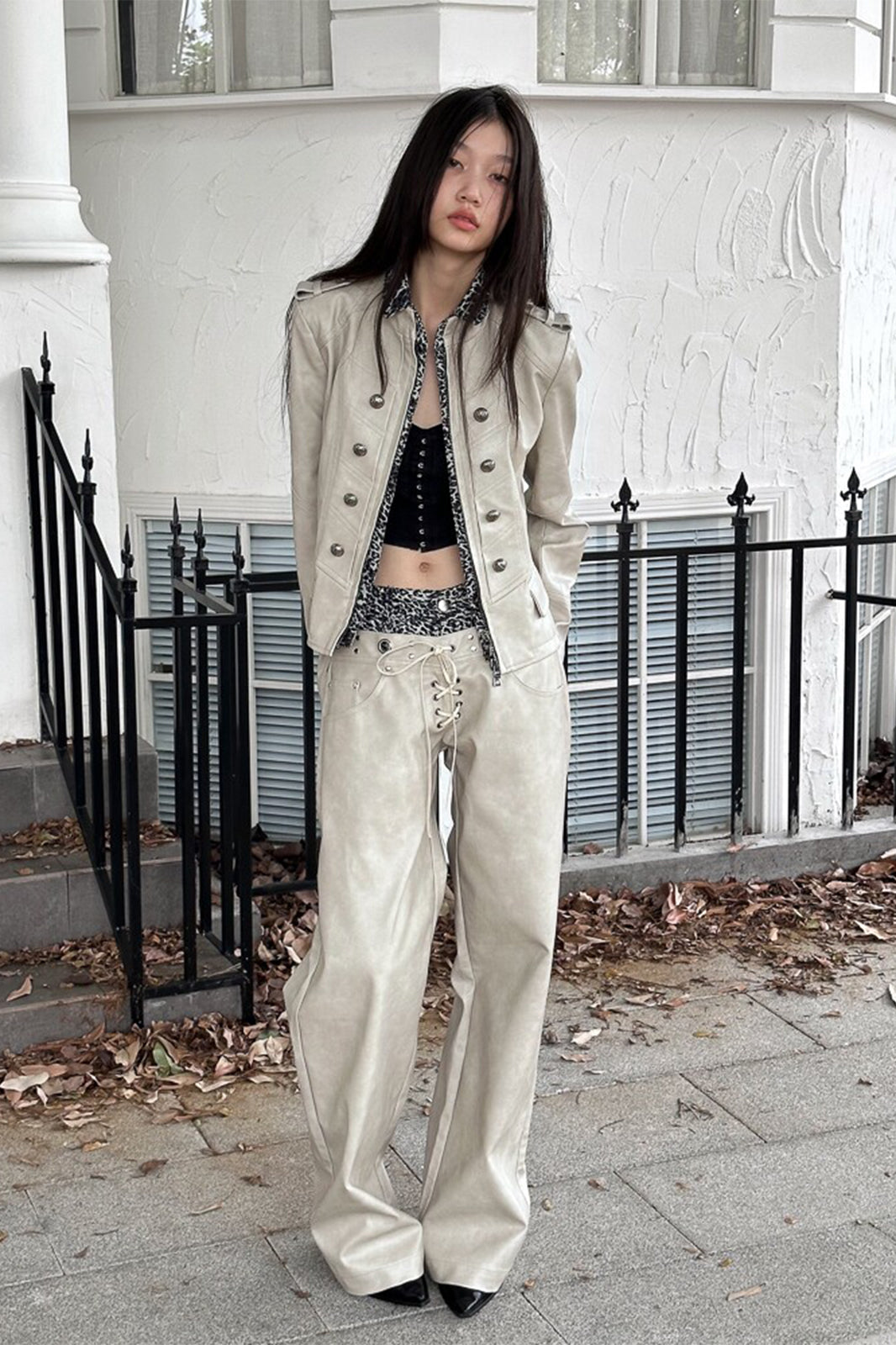 FULLTIDE Retro Spliced Leopard Faux Leather Wide-Leg Pants
