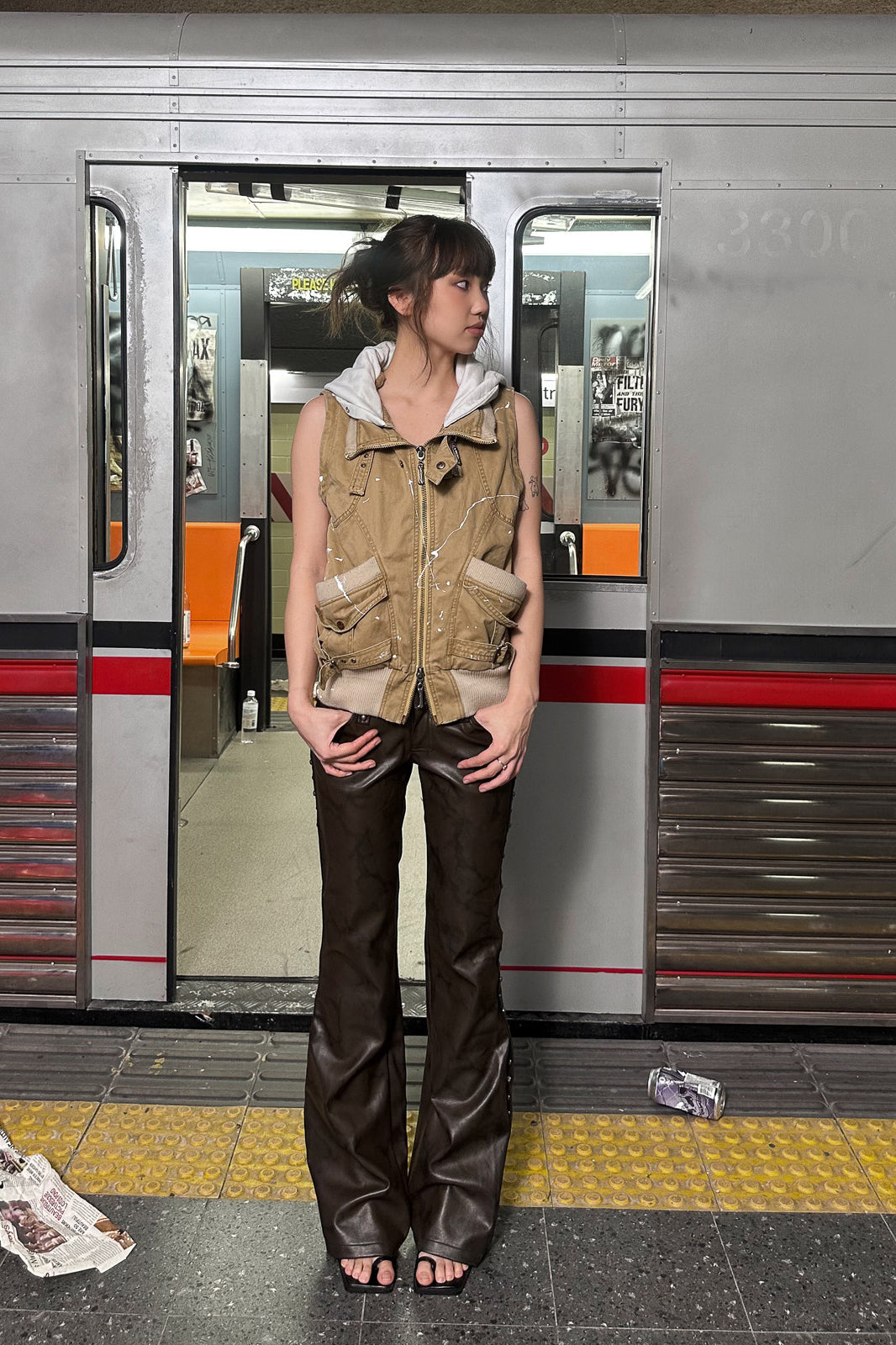 FULLTIDE Paint-Splattered Detachable-Sleeve Washed Cargo Jacket
