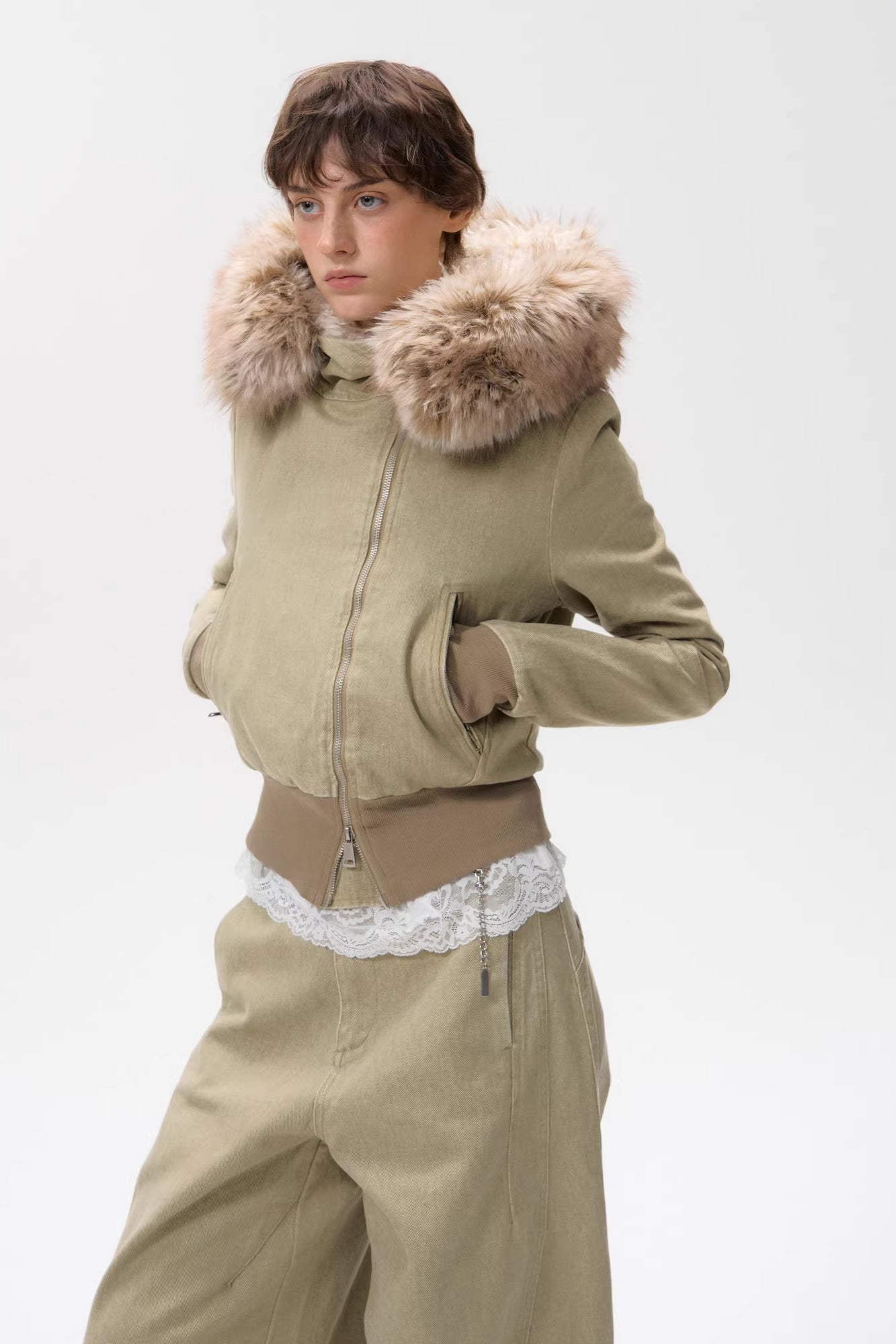 10AMSOTIIIIIIRED Sherpa-Lined Faux Fur Hooded Bomber Jacket