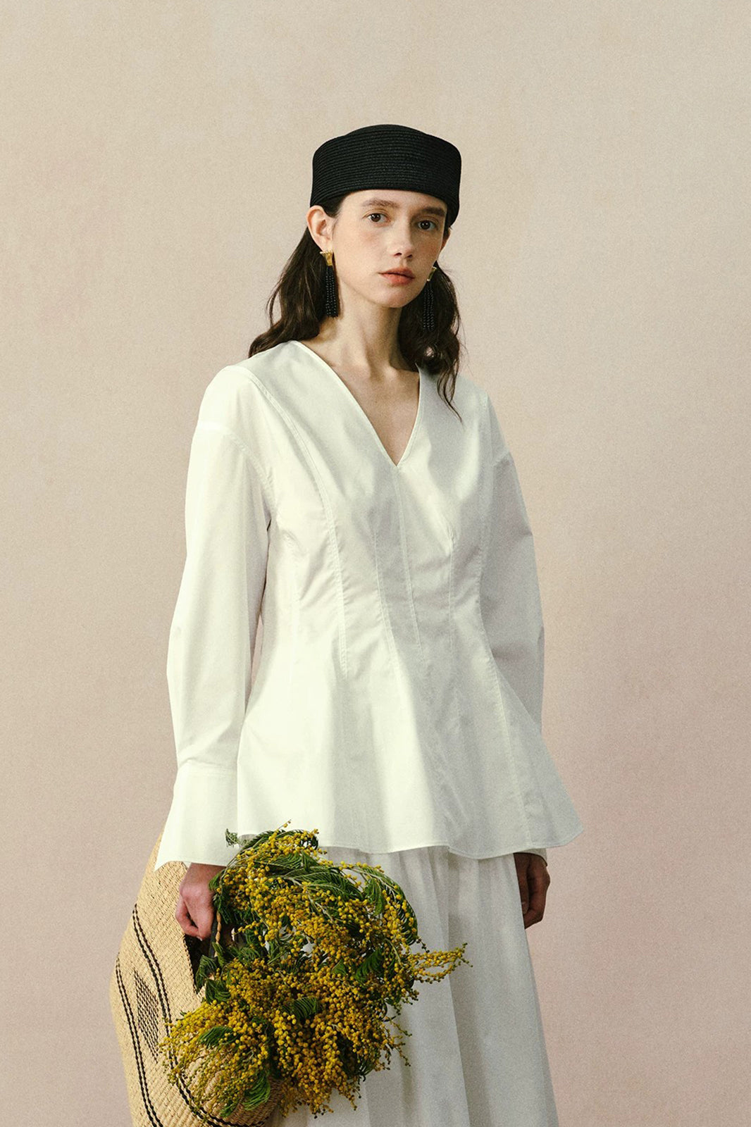 YUANYE Cinched-Waist V-Neck Bamboo-Blend Blouse