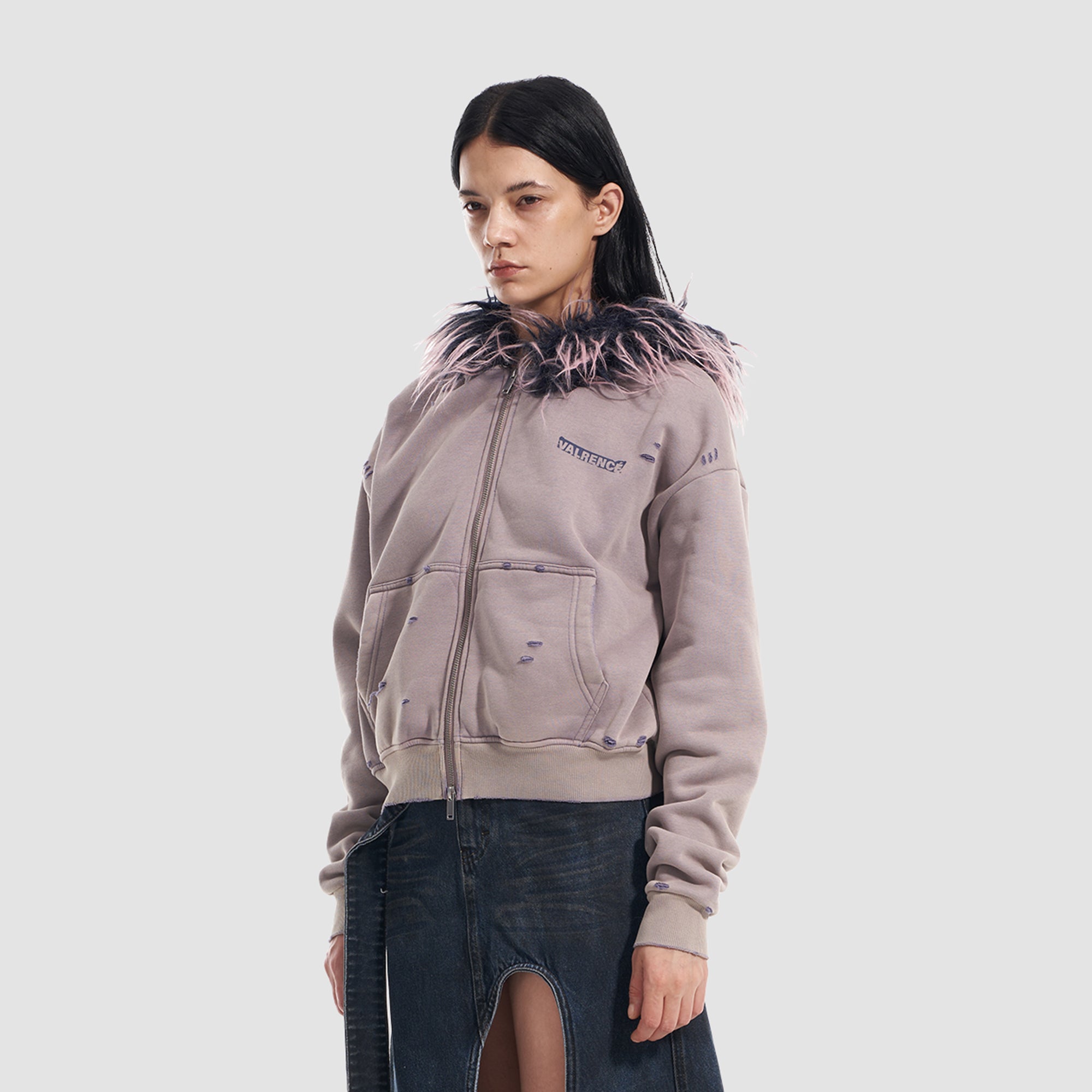 VANN VALRENCE Distressed Faux Fur Trim Zip Hoodie