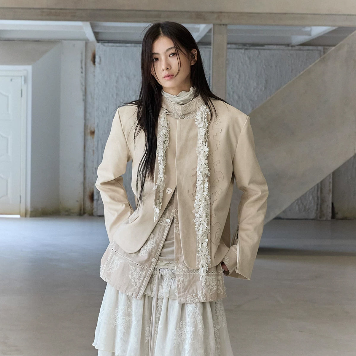 CHANGGUANG YUANZI Embroidered Patchwork Zip-Cuff Suede Jacket