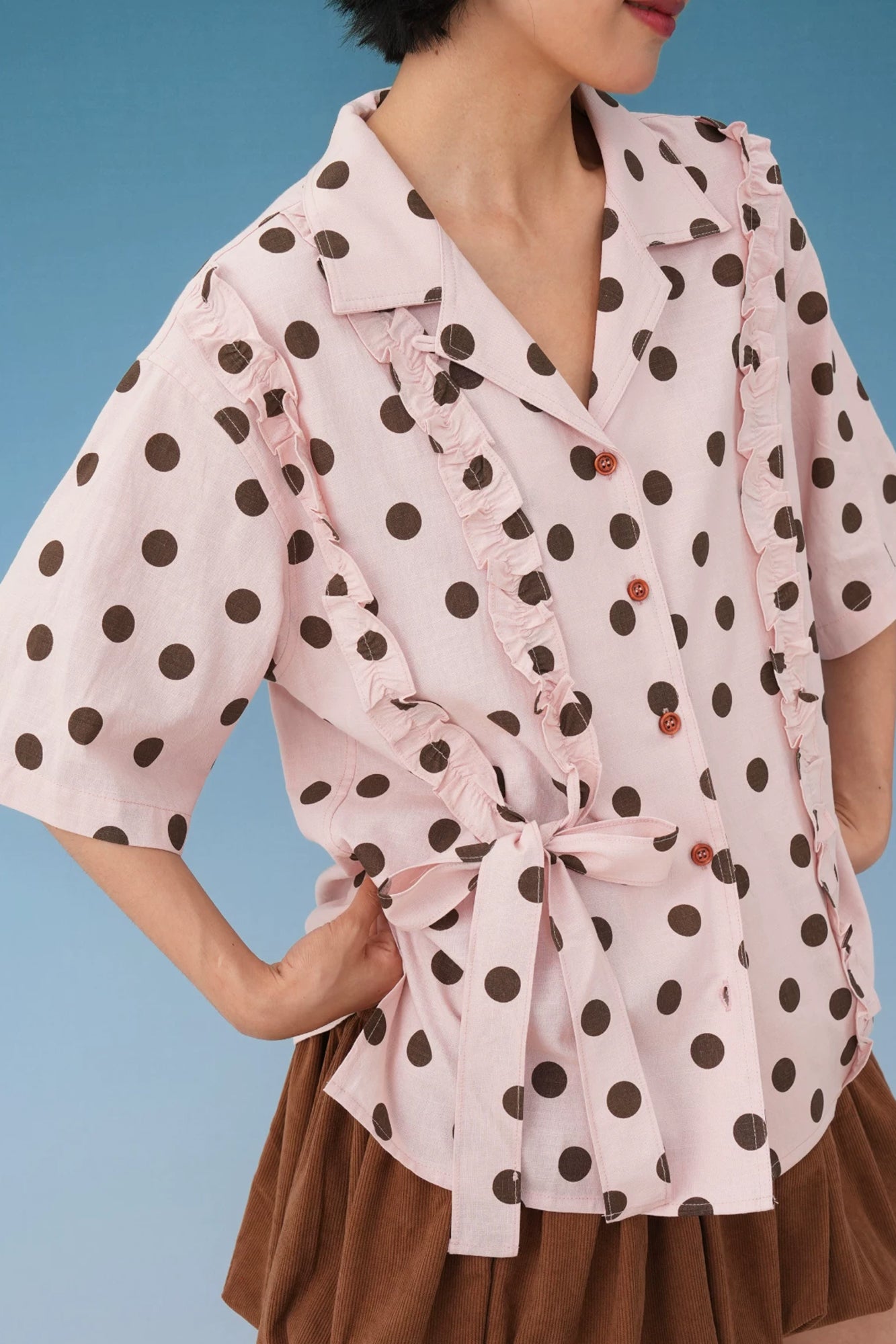 NOPMOB Polka Dot Ruffle Tie Half-Shirt