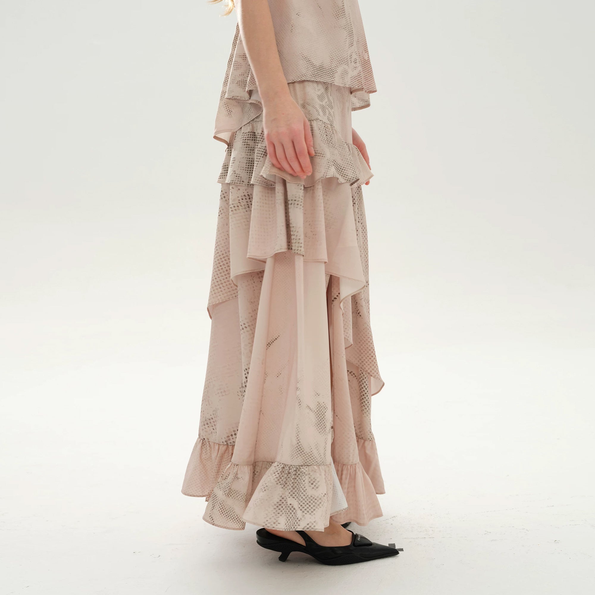 LAYERS Abstract Floral Tiered Side-Slit Maxi Skirt