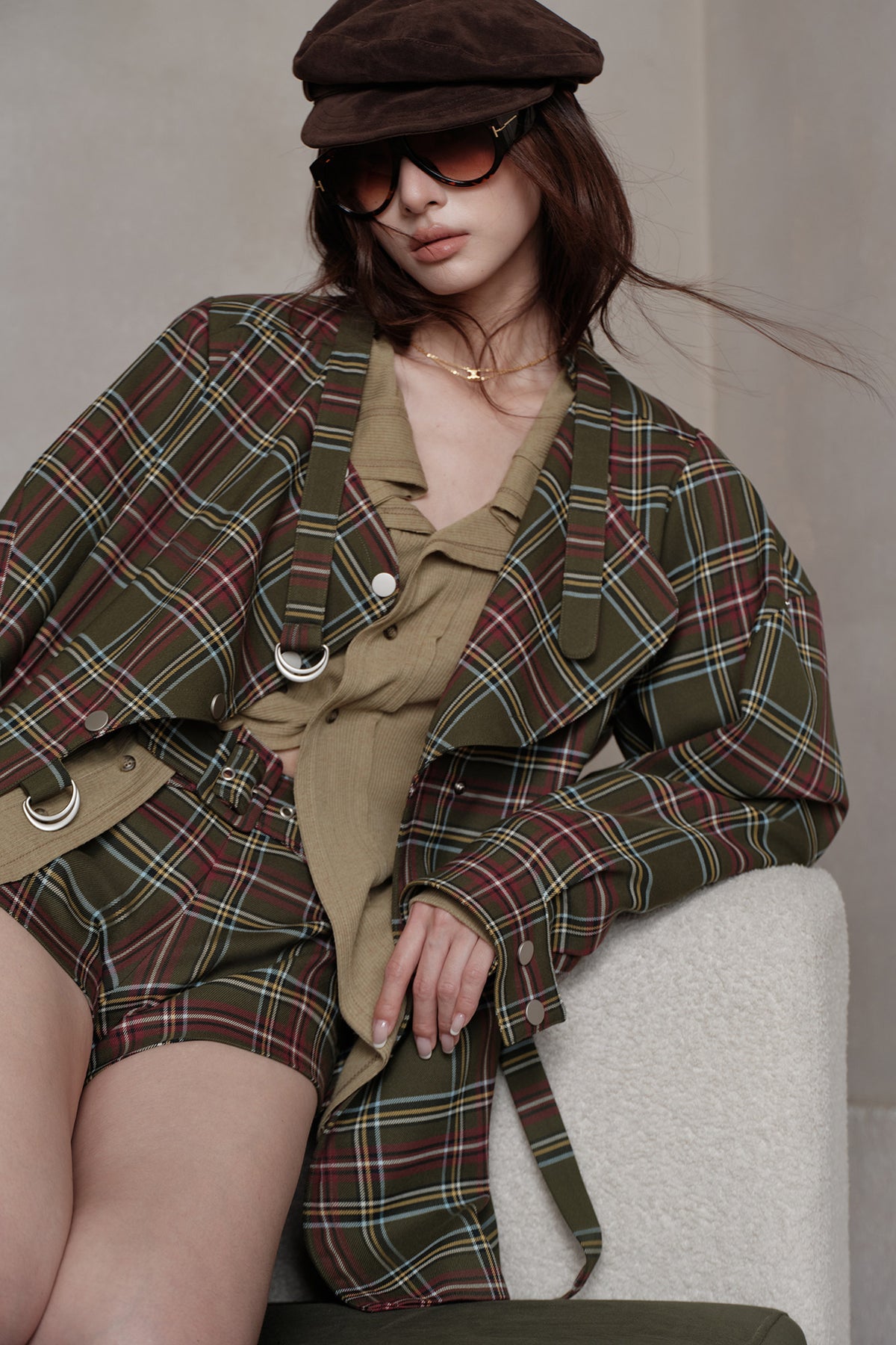 MXU Retro Plaid Deconstructed Trench Coat & Shorts Set