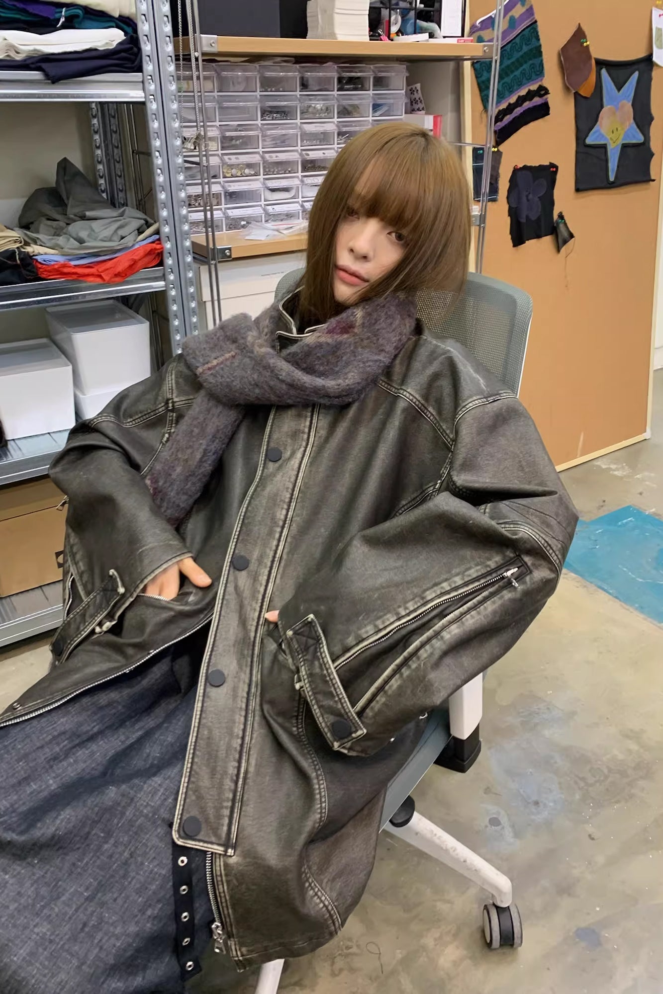 NEVERSEEZ Paneled Faux Leather Washed Utility Jacket