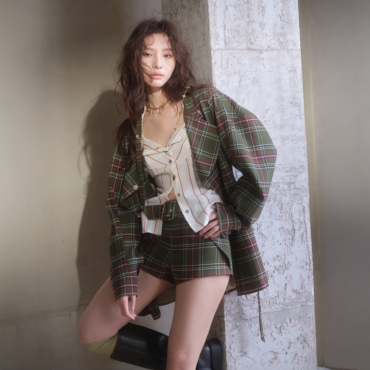 MXU Retro Plaid Deconstructed Trench Coat & Shorts Set