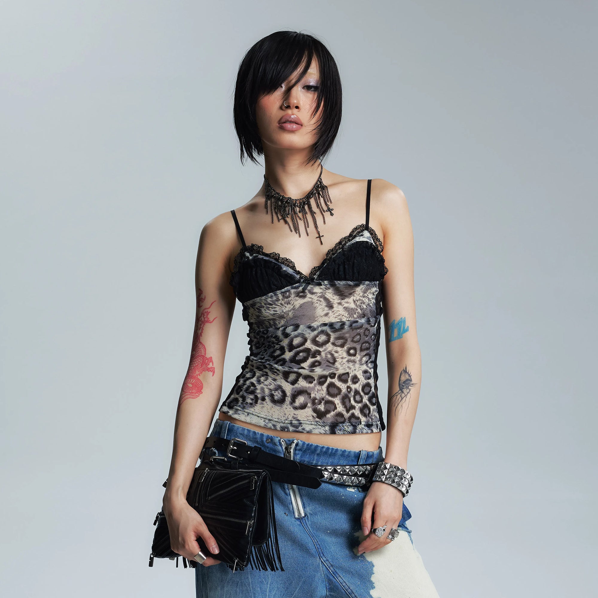 NONAME SPACE Leopard Lace-Trim Cami Top