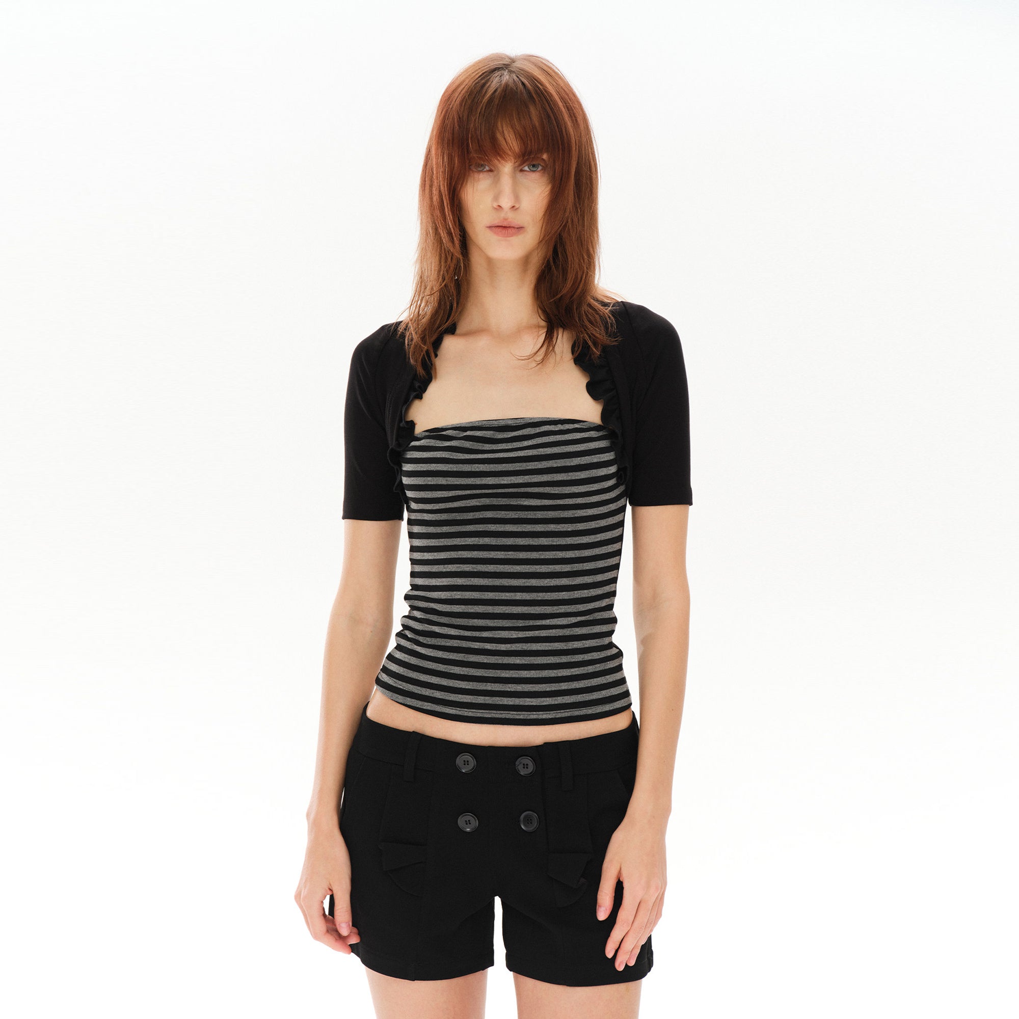 COSTUSTOOT Ruffle Layered Shrug Stripe Top