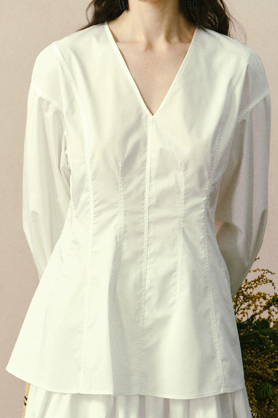 YUANYE Cinched-Waist V-Neck Bamboo-Blend Blouse
