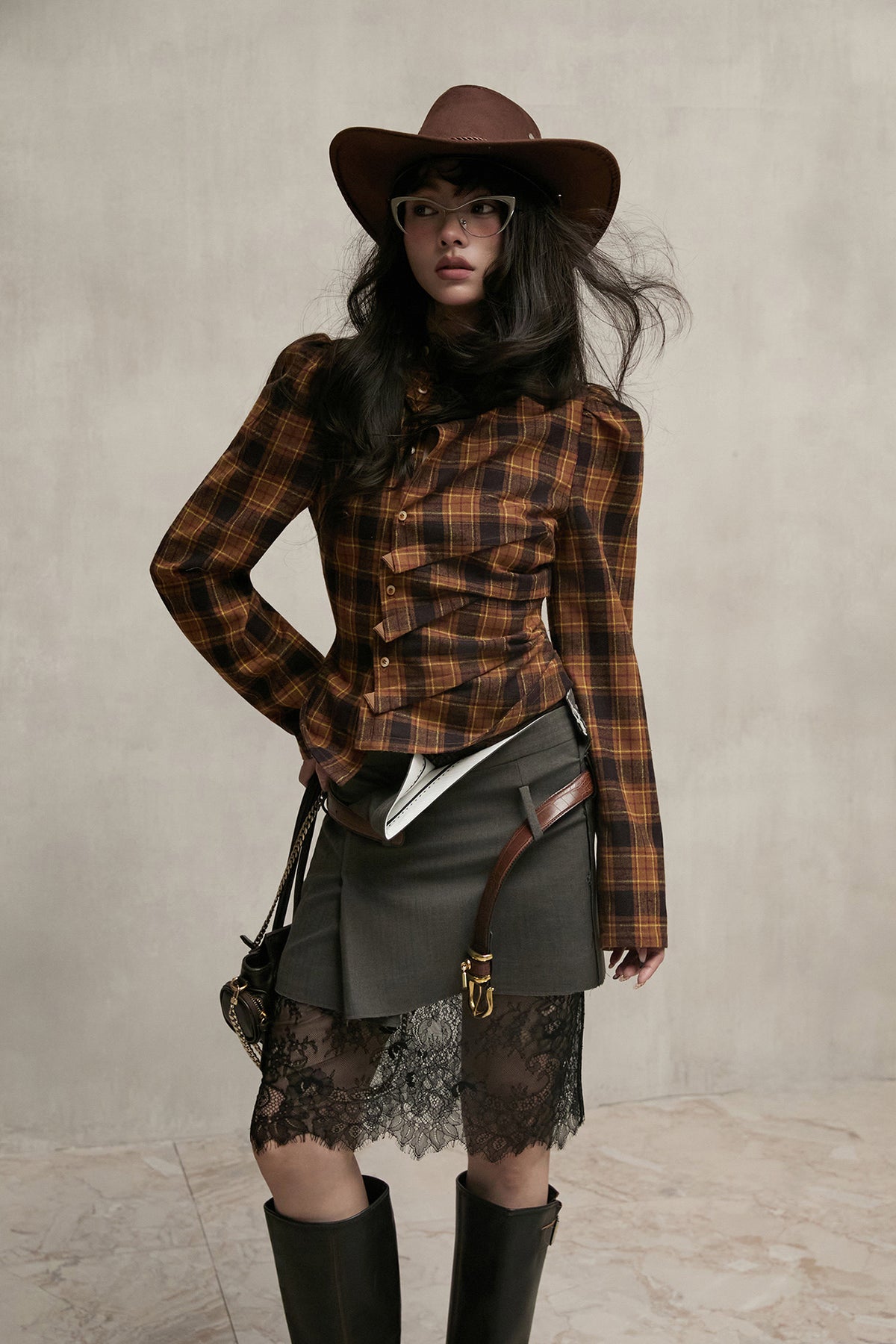 MXU Retro Plaid Pleated Shirt & Tiered Ruffle Maxi Skirt Set