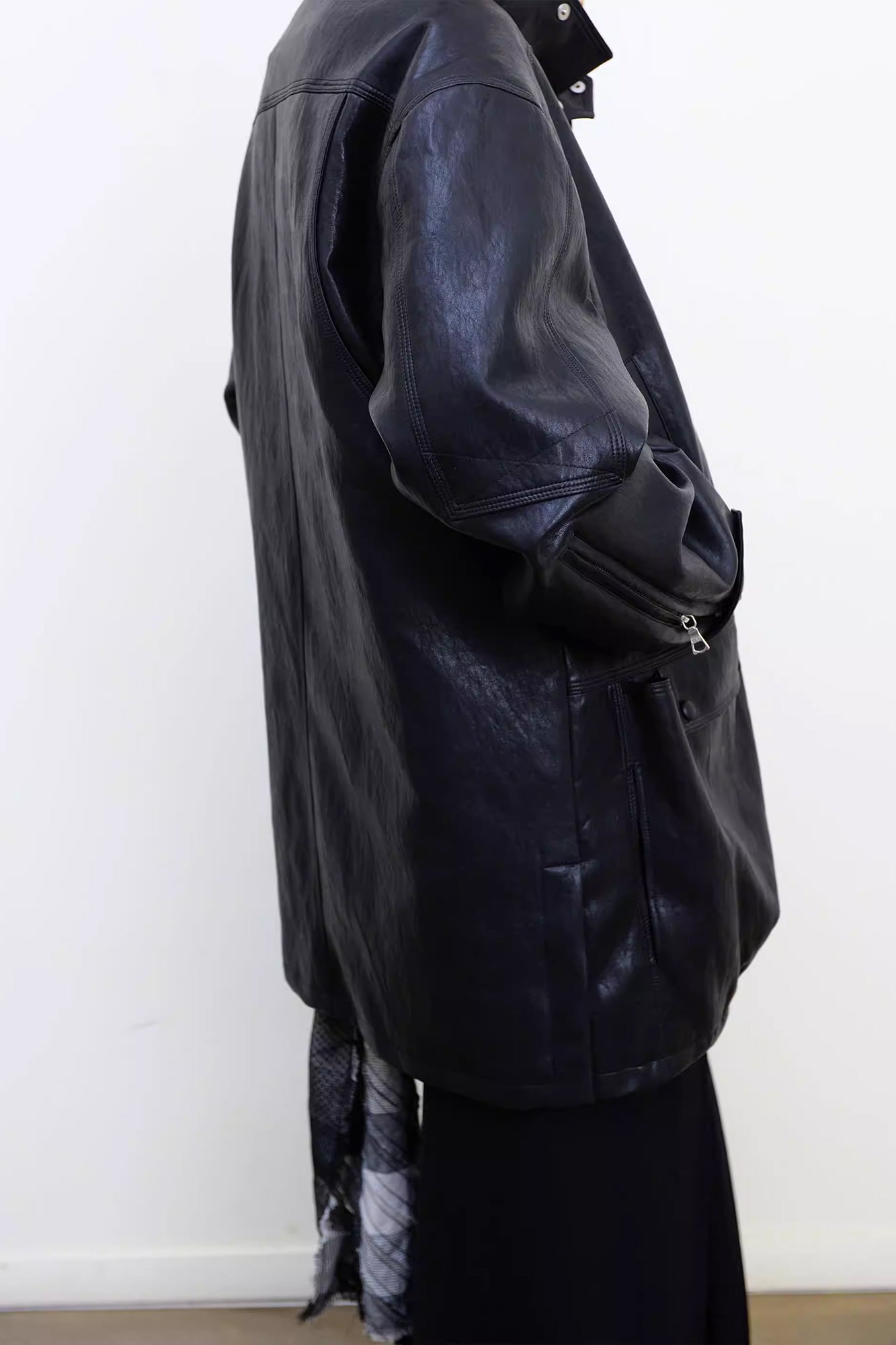 NEVERSEEZ Quilted Faux Leather Stand-Collar Utility Jacket