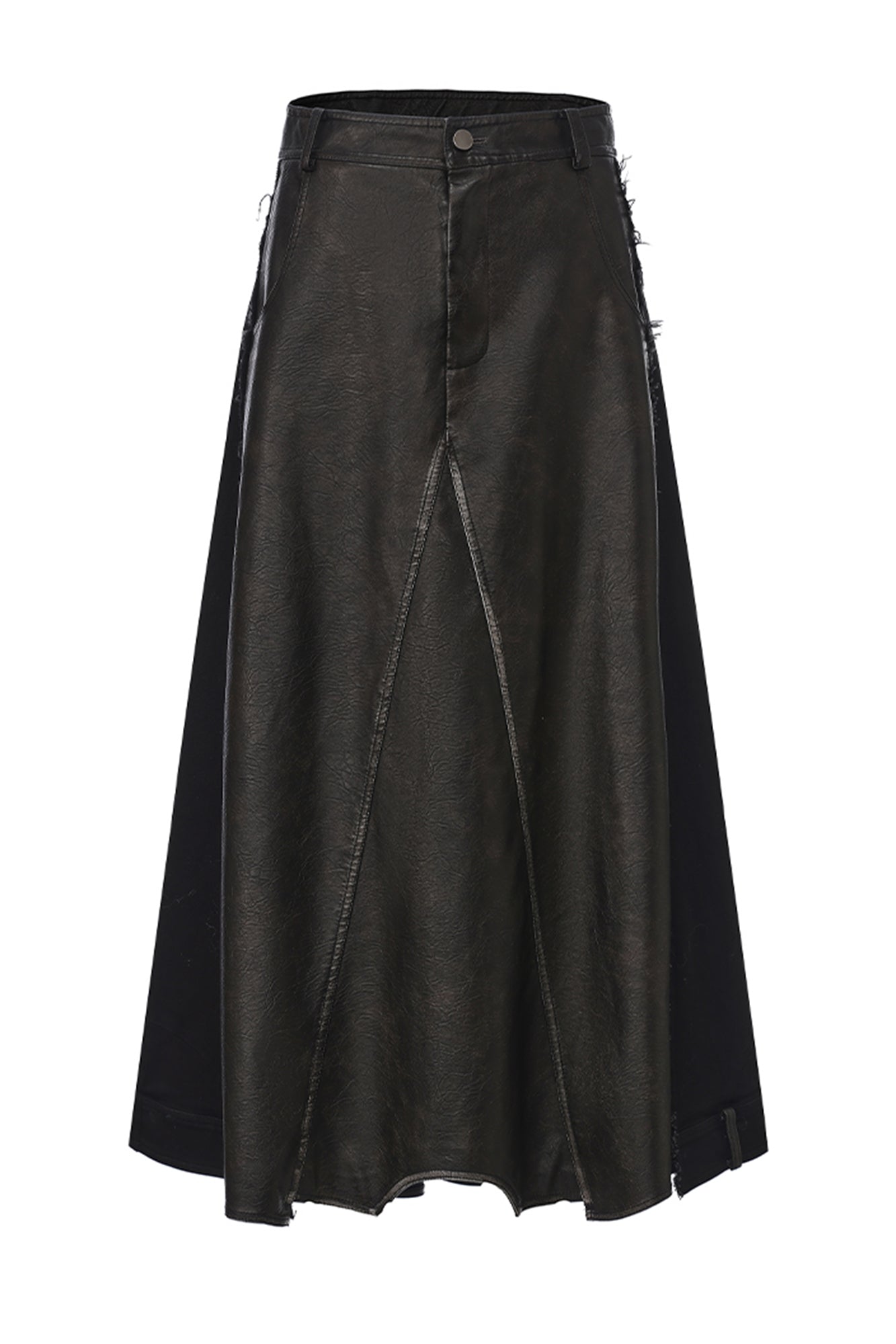 VANN VALRENCE Paneled Frayed Faux Leather A-Line Skirt