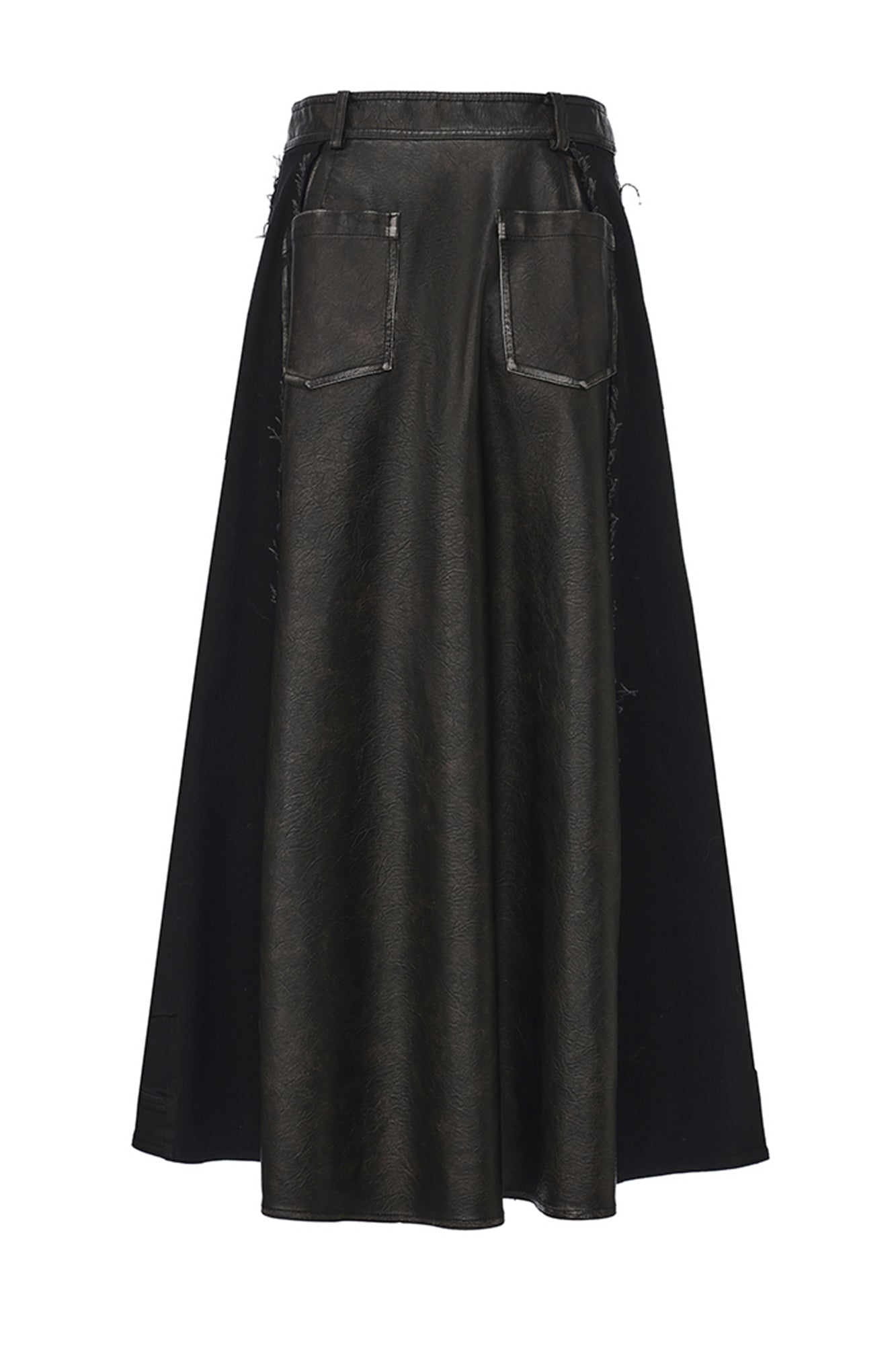 VANN VALRENCE Paneled Frayed Faux Leather A-Line Skirt
