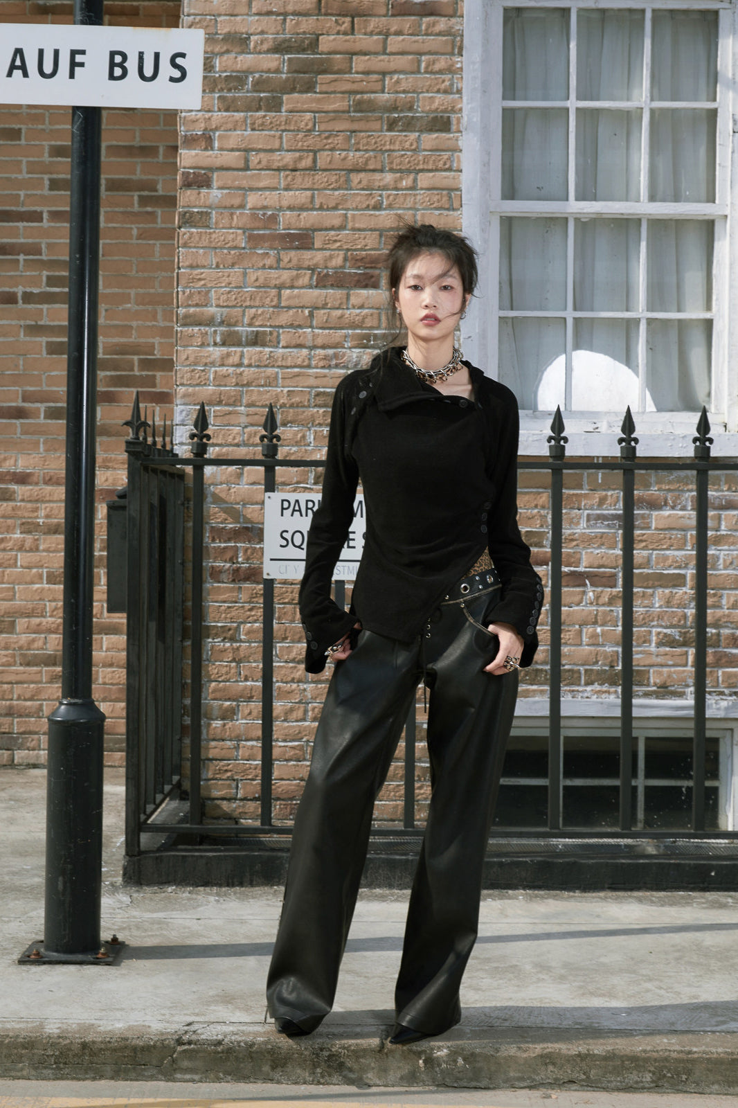 FULLTIDE Retro Spliced Leopard Faux Leather Wide-Leg Pants