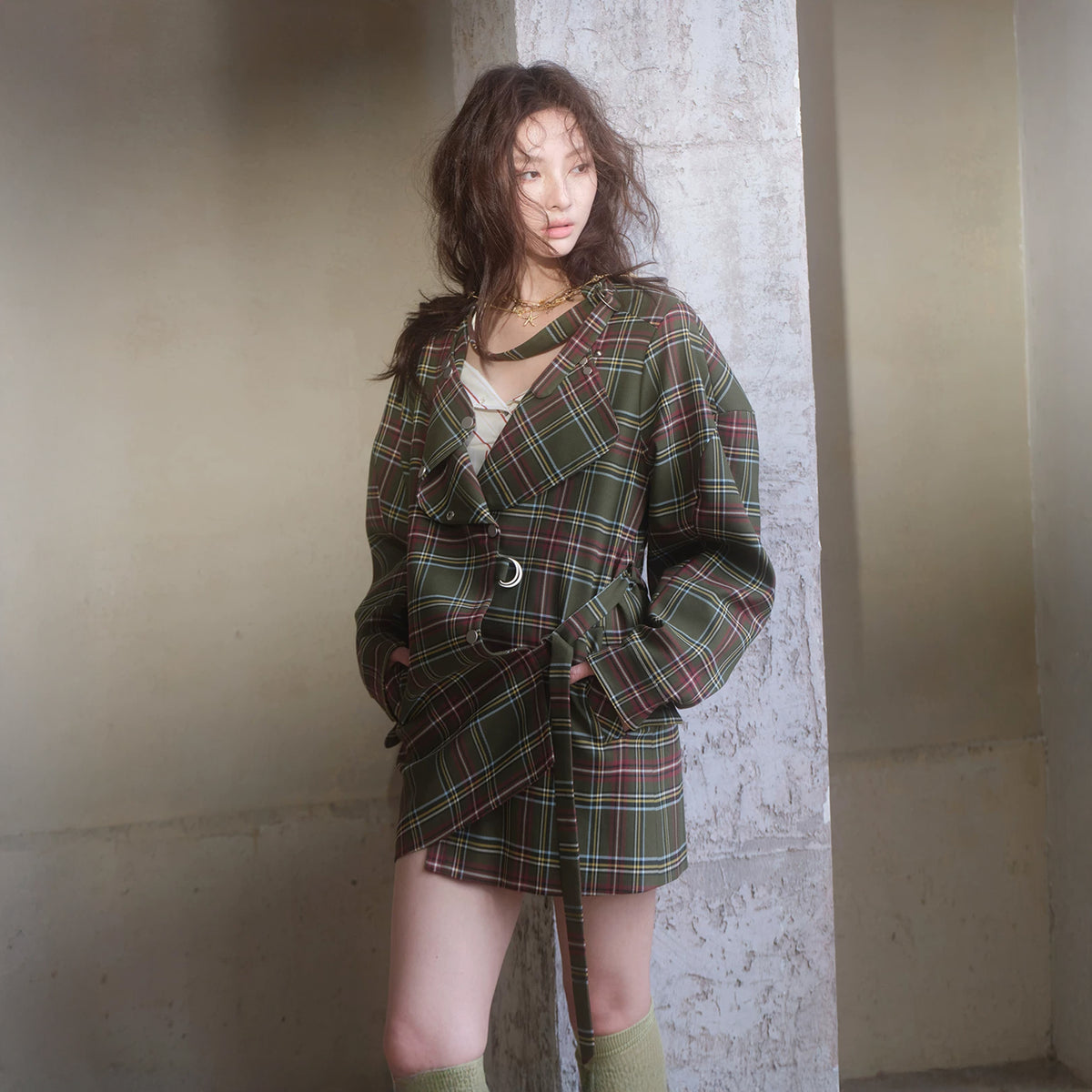 MXU Retro Plaid Deconstructed Trench Coat & Shorts Set