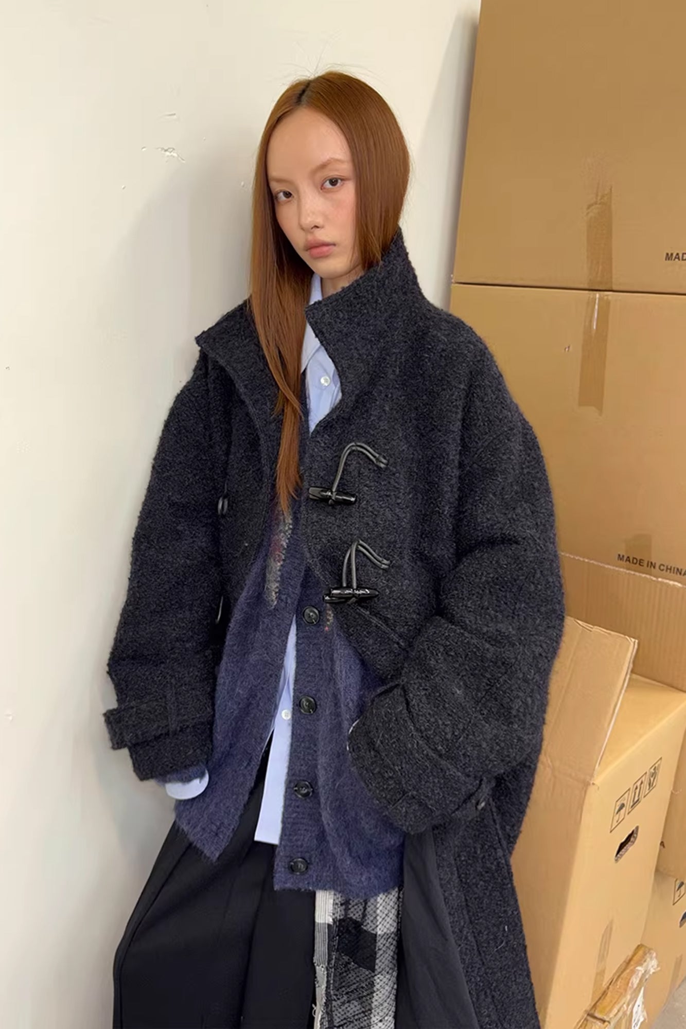 NEVERSEEZ Bouclé Wool-Blend Toggle Longline Coat