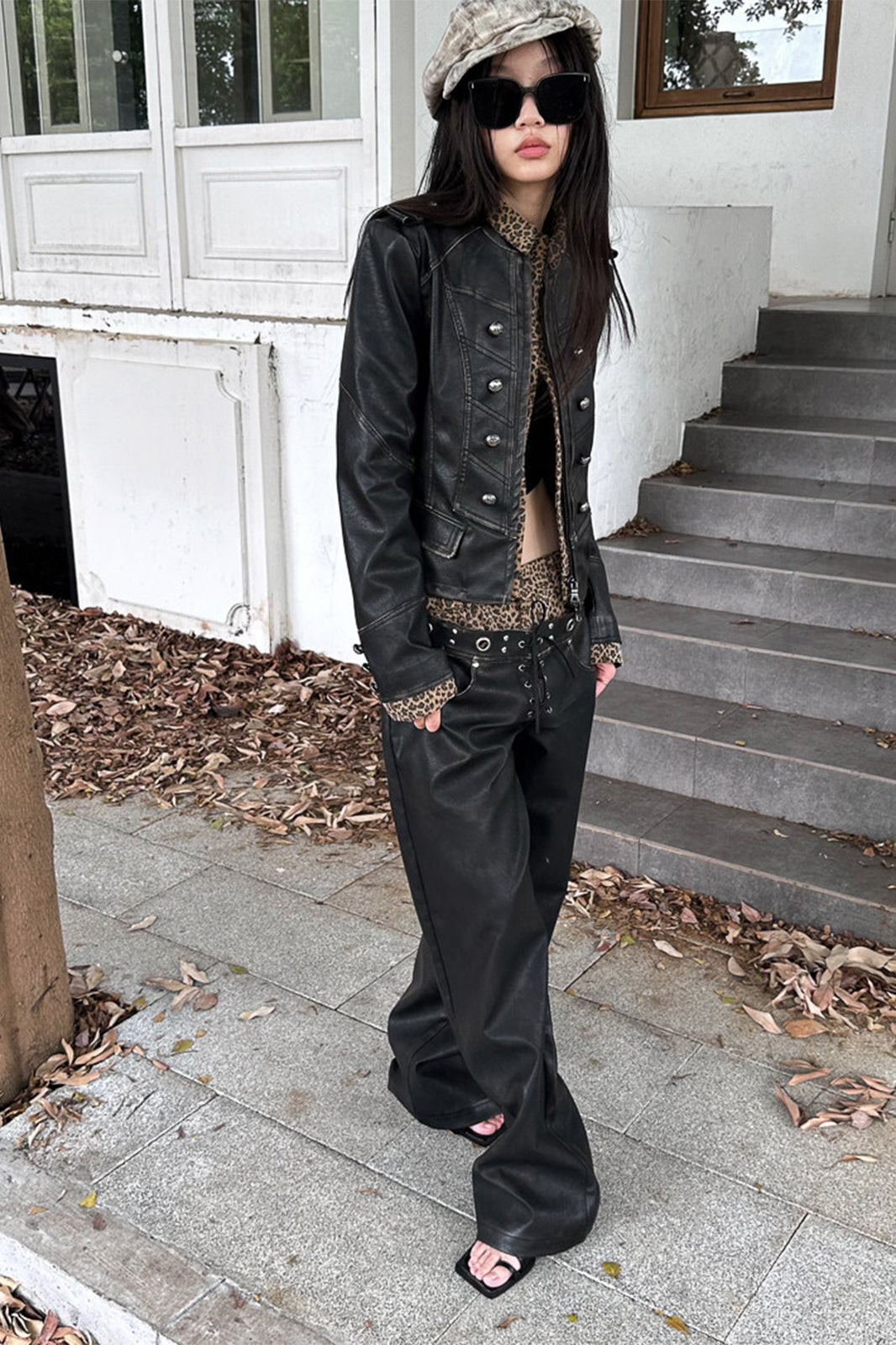 FULLTIDE Retro Spliced Leopard Faux Leather Wide-Leg Pants