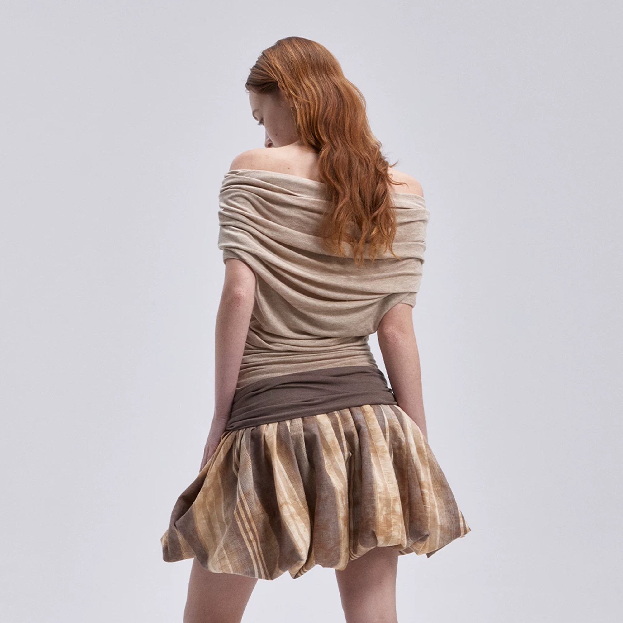 VERSION9 Off-Shoulder Ruched Bubble-Hem Mini Dress