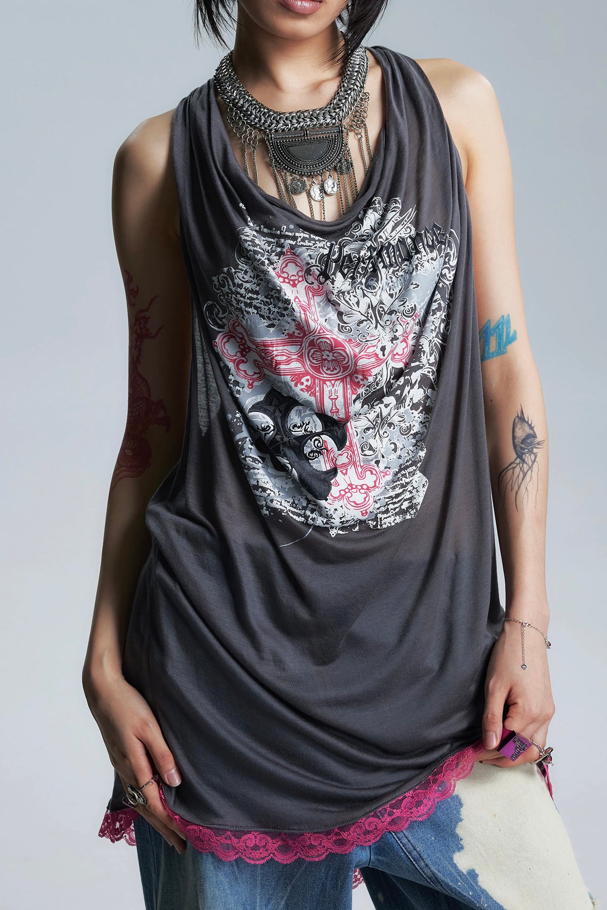 NONAME SPACE Backless Lace-Hem Longline Tank Top