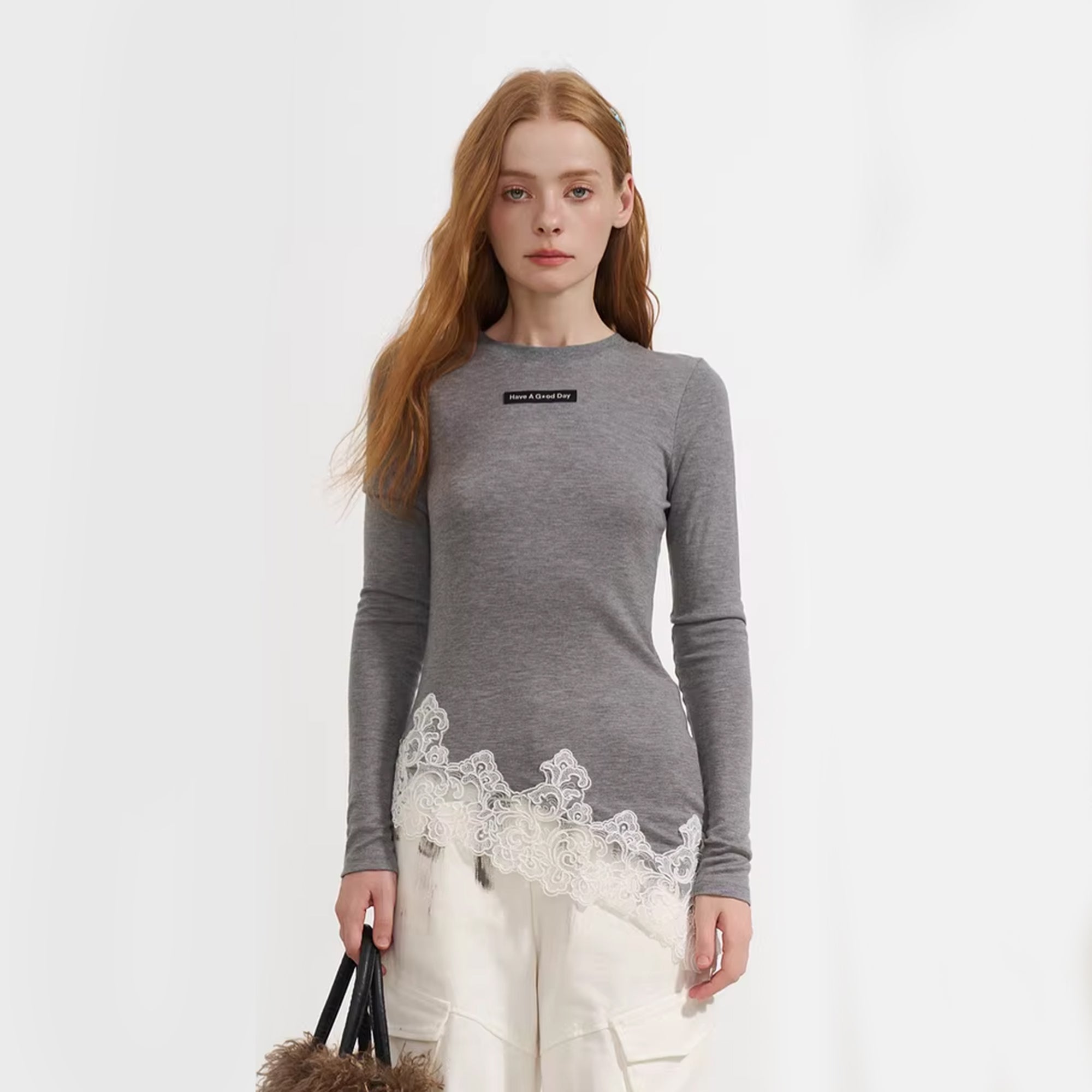 SOFITTE Asymmetric Lace-Hem Slim Long-Sleeve Tee