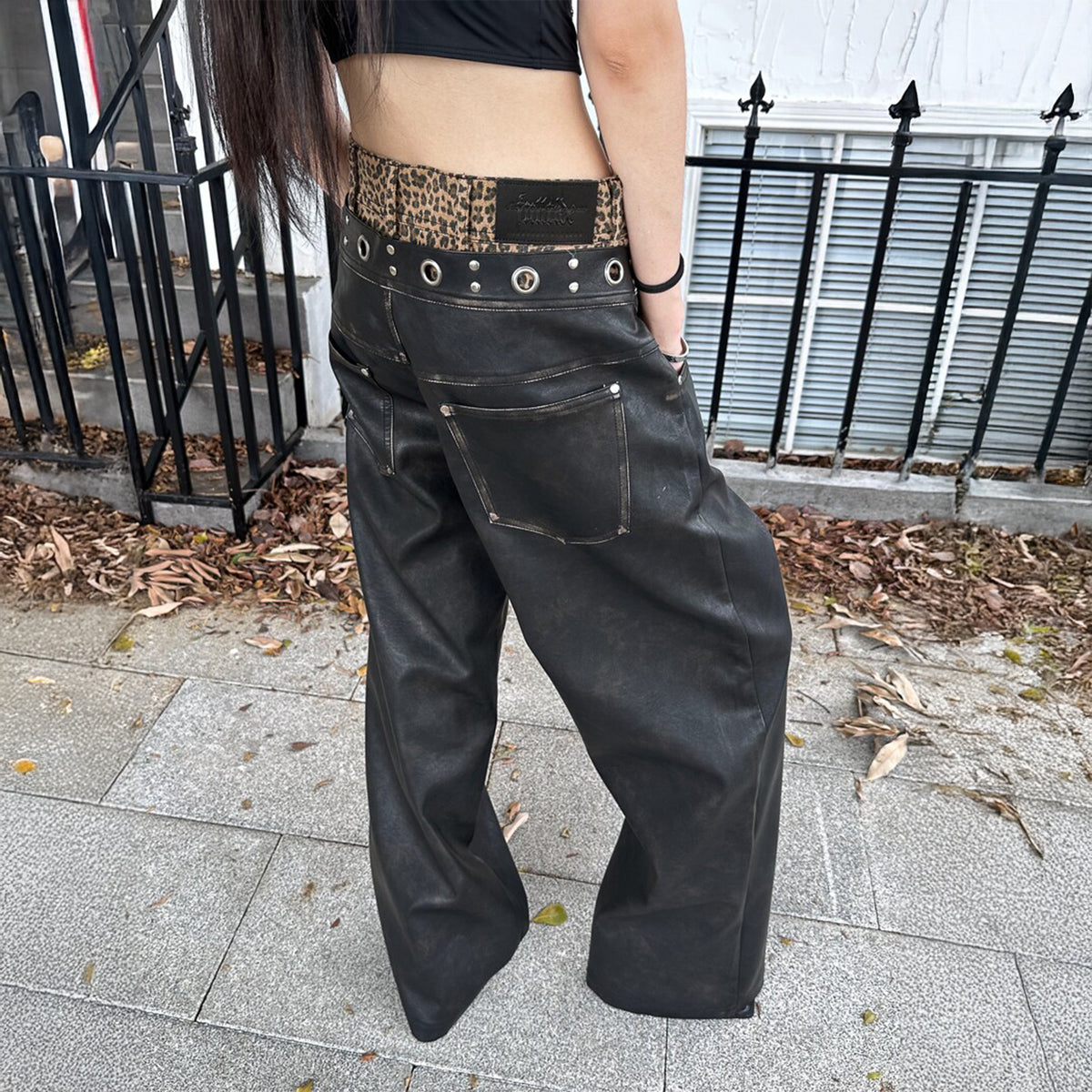 FULLTIDE Retro Spliced Leopard Faux Leather Wide-Leg Pants