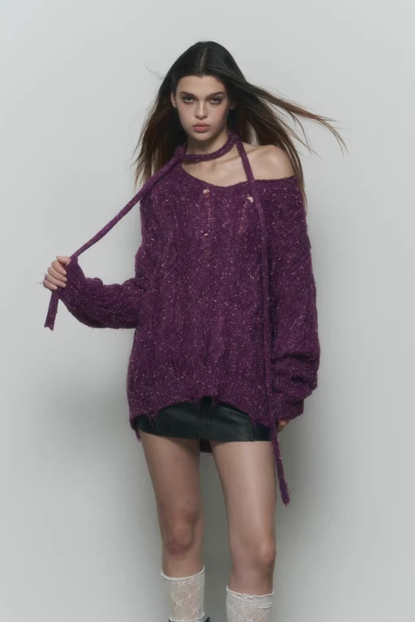 10AMSOTIIIIIIRED Distressed Sequin Open-Knit Sweater