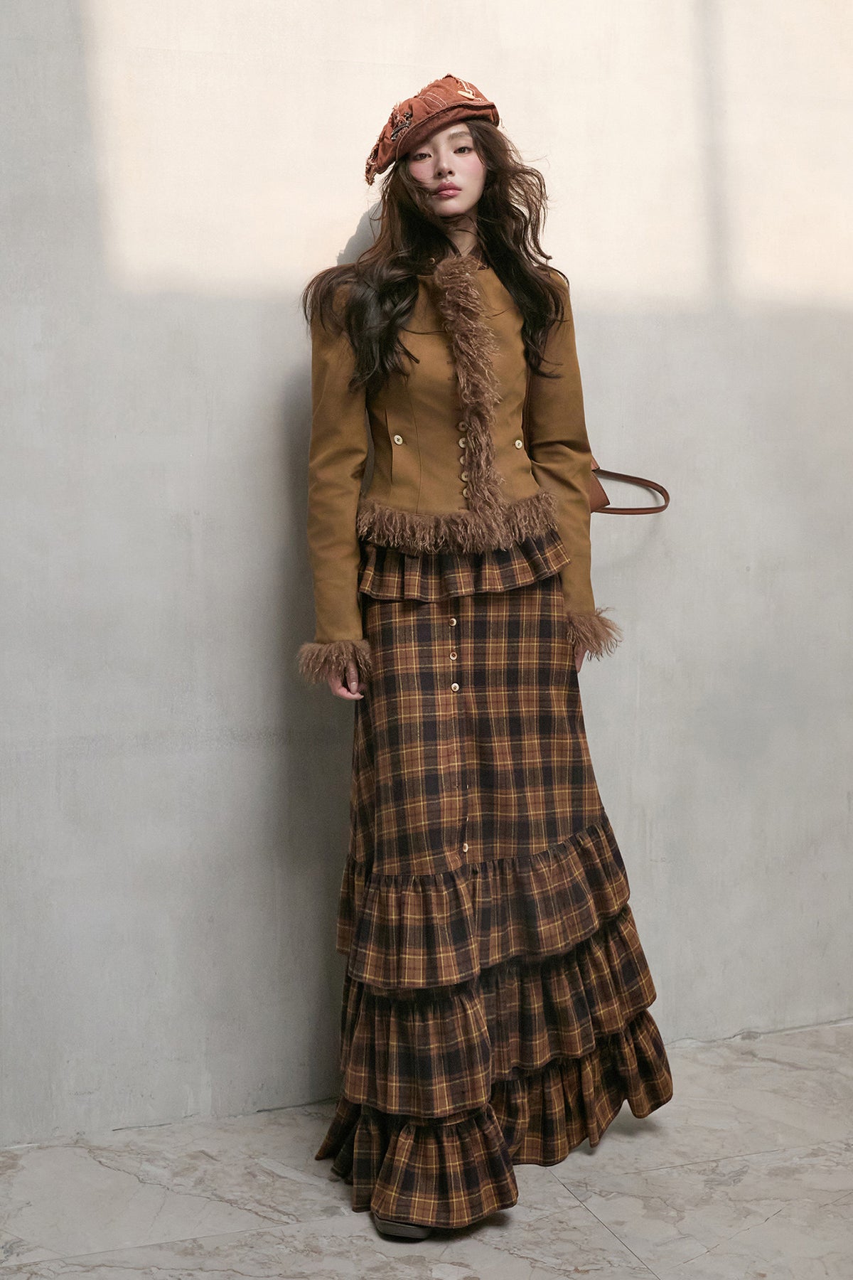 MXU Retro Plaid Pleated Shirt & Tiered Ruffle Maxi Skirt Set