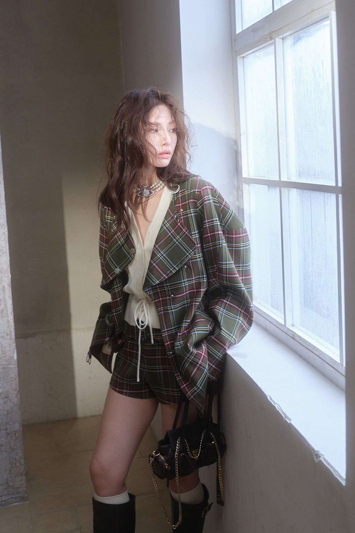 MXU Retro Plaid Deconstructed Trench Coat & Shorts Set