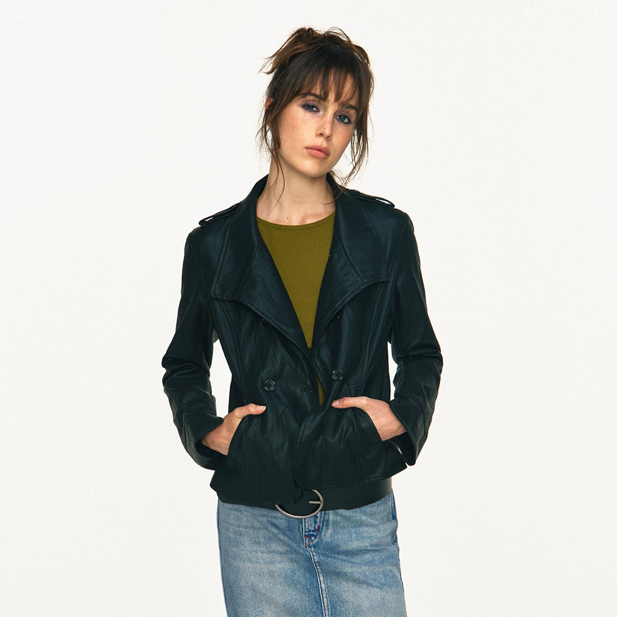 ANTENNA EFFECT Retro Double-Breasted Faux Leather Slim Jacket