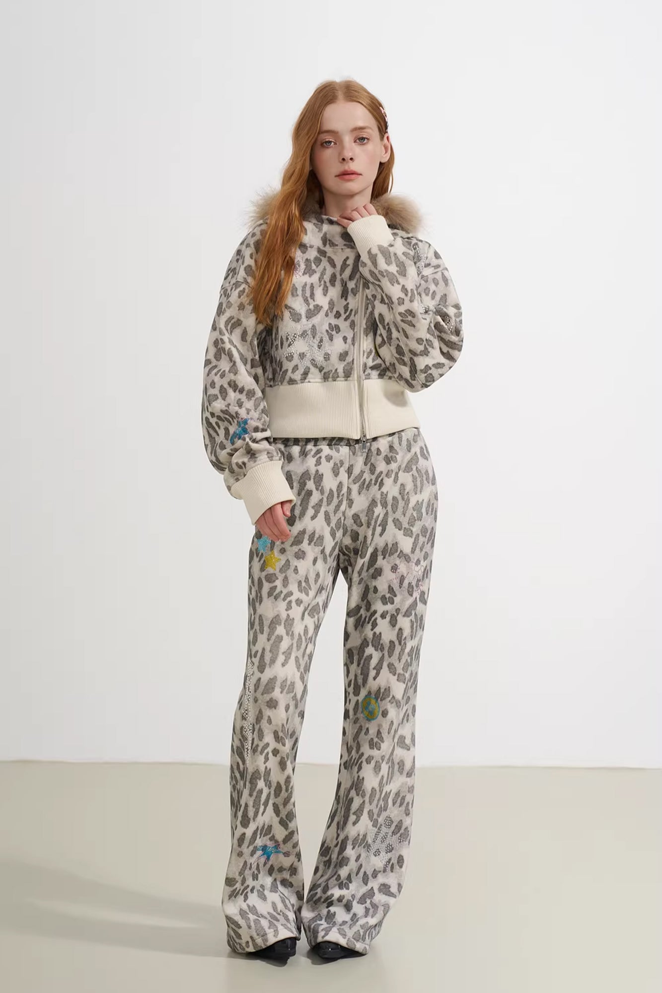 SOFITTE Leopard Diamond Faux-Fur Trim Cropped Jacket