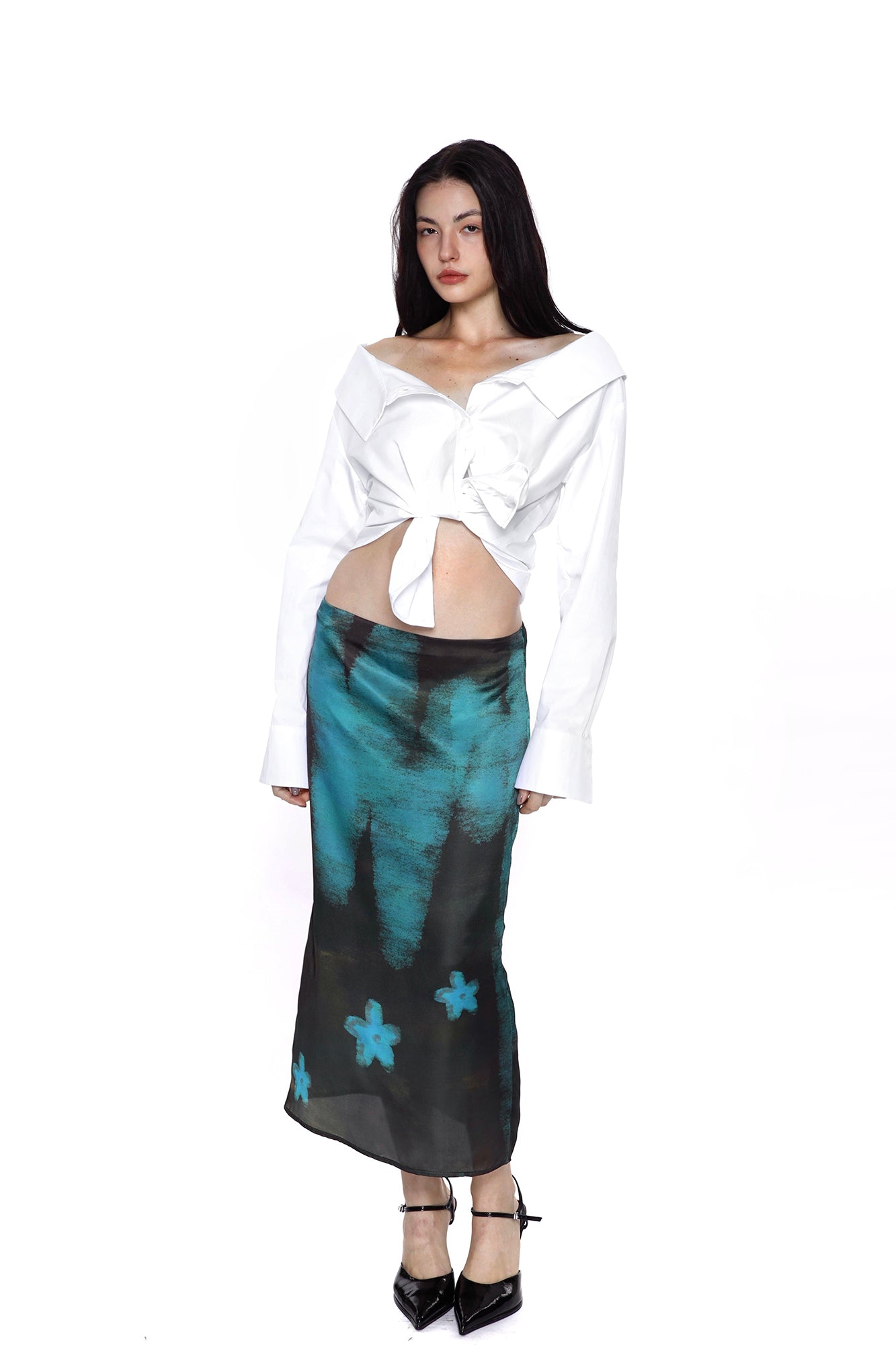 SCARLET SAGE Gradient Full-Print Satin Midi Skirt