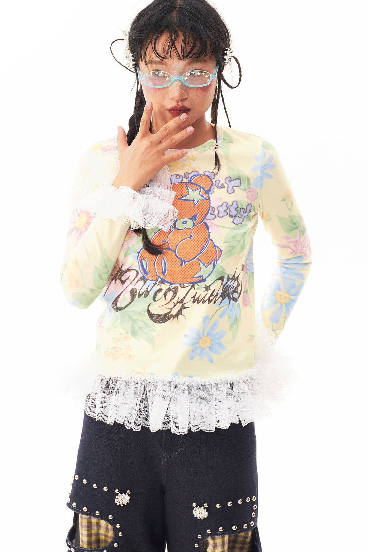 SILLYSIS Bear Graphic Lace-Trim Long-Sleeve Tee