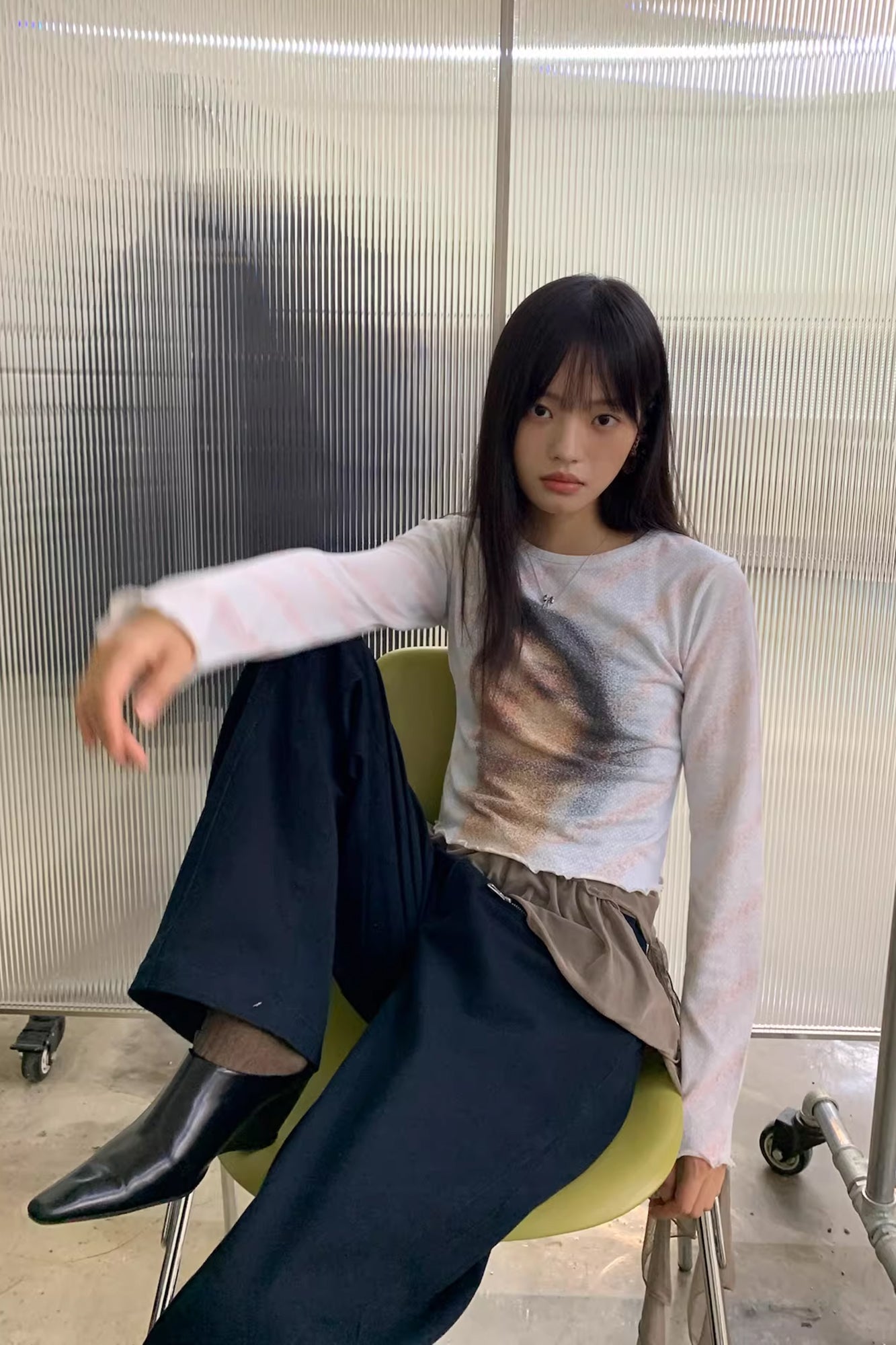 NEVERSEEZ Blurred Portrait Diagonal-Stripe Long-Sleeve Tee
