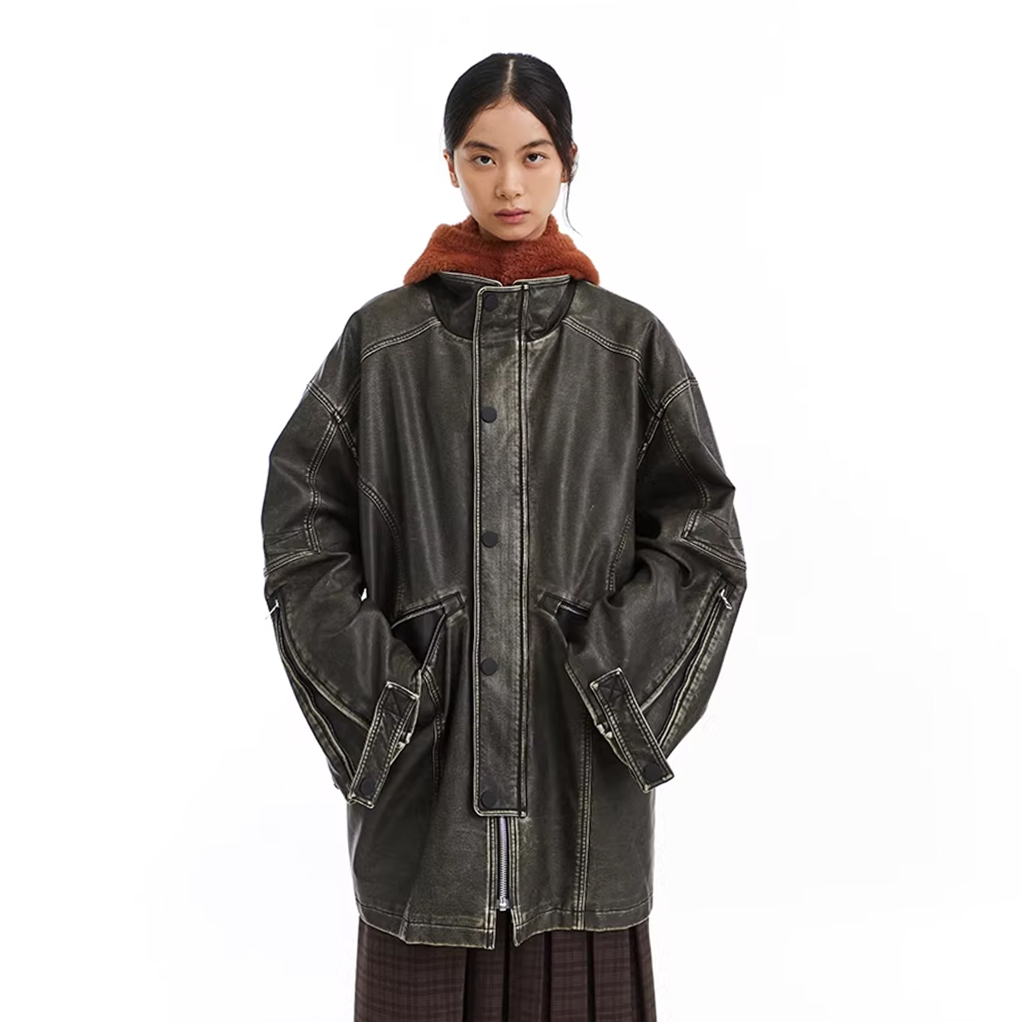 NEVERSEEZ Paneled Faux Leather Washed Utility Jacket
