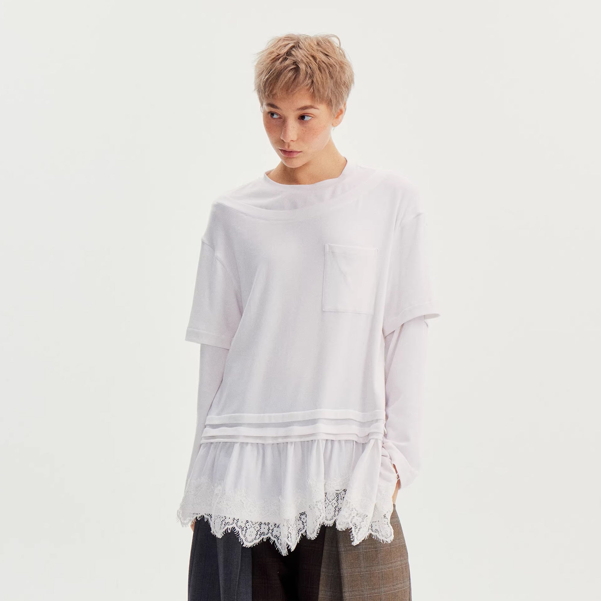 WII WIL Faux-Layer Lace-Hem Long-Sleeve Tee