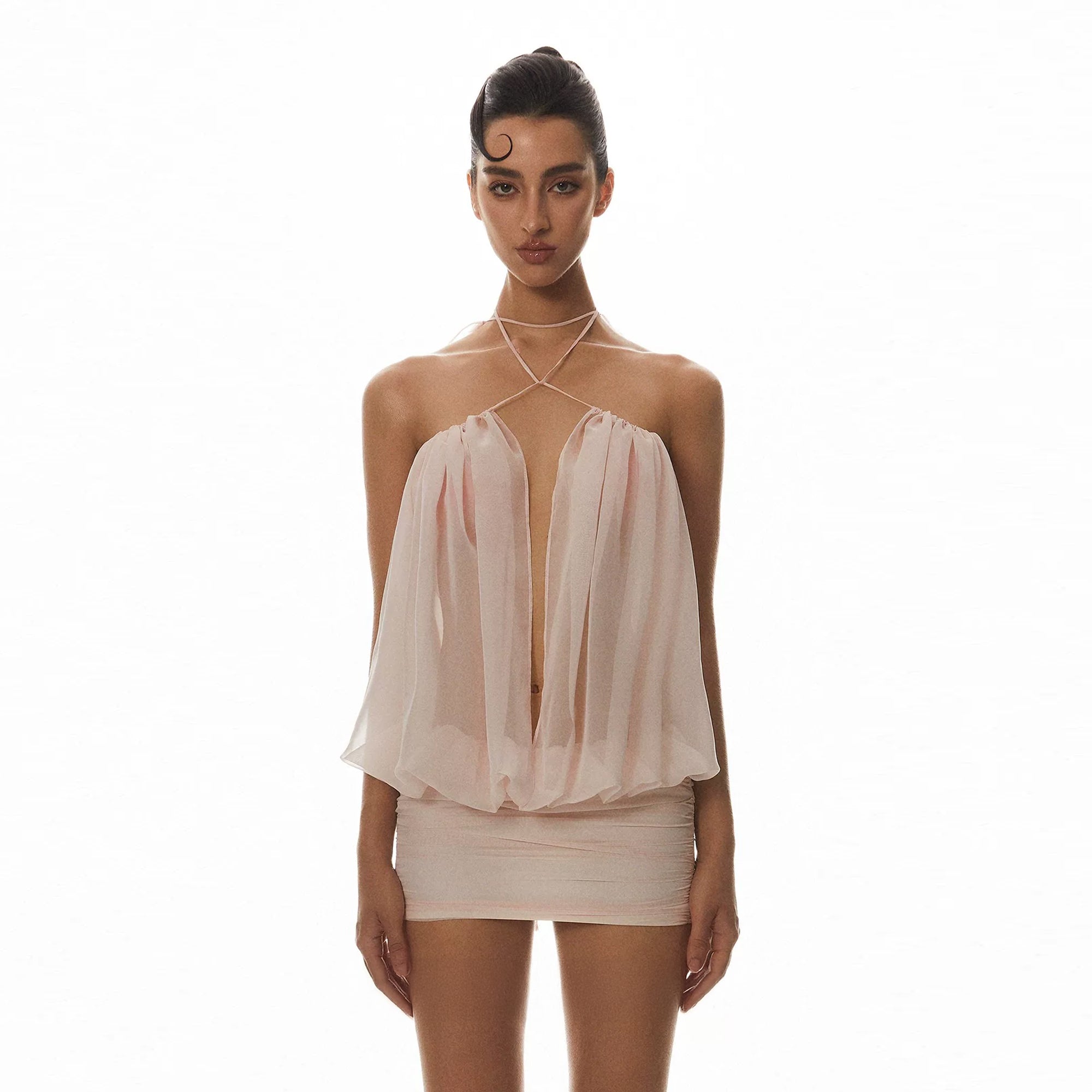 MILLIONLOTUS Sheer Open-Back Halter Mini Dress