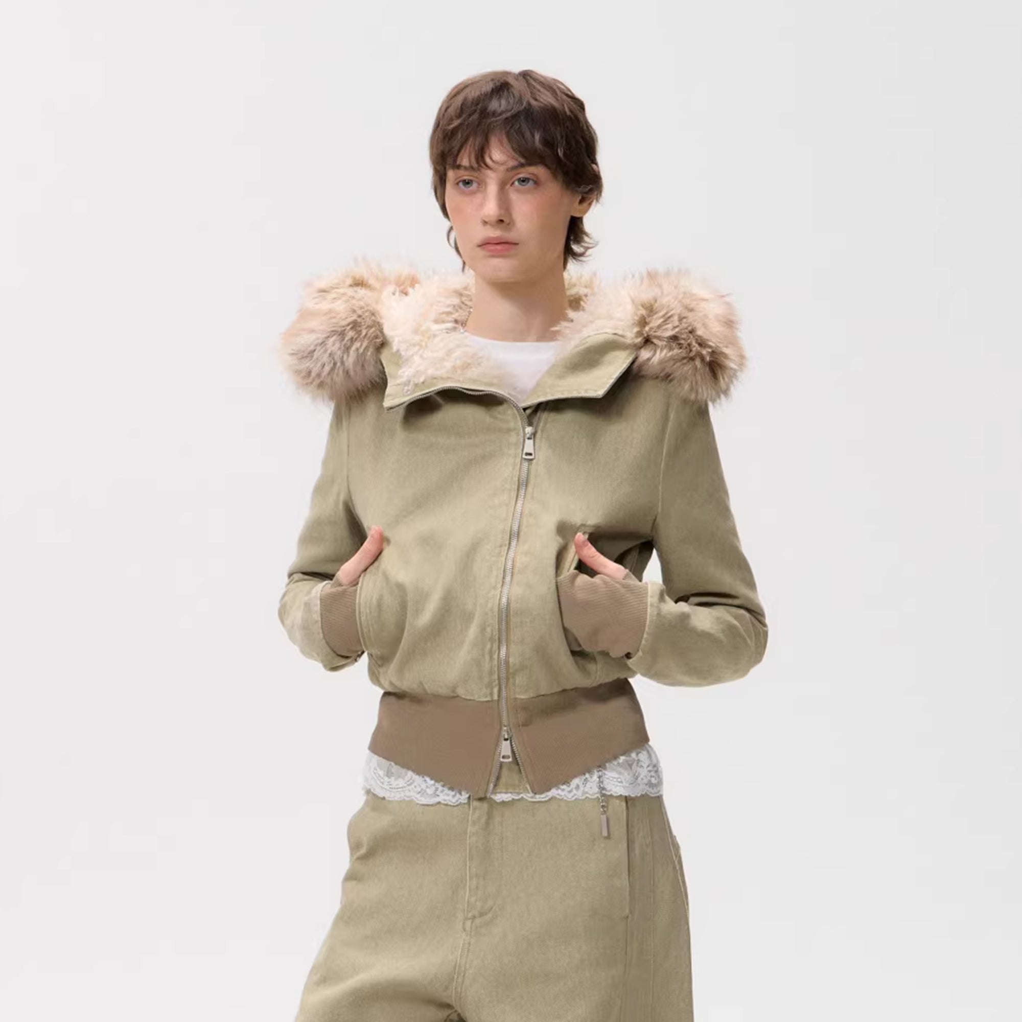 10AMSOTIIIIIIRED Sherpa-Lined Faux Fur Hooded Bomber Jacket