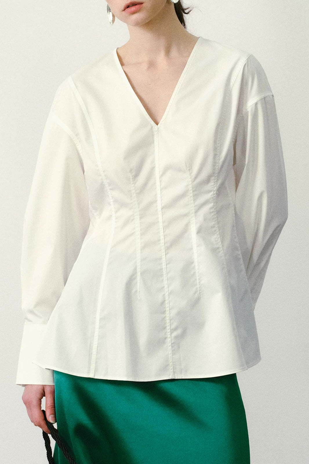 YUANYE Cinched-Waist V-Neck Bamboo-Blend Blouse