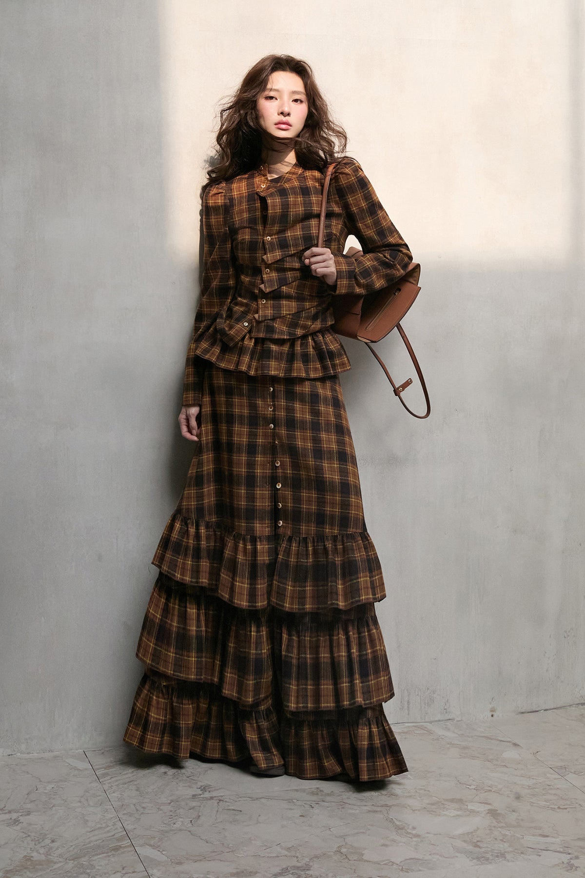 MXU Retro Plaid Pleated Shirt & Tiered Ruffle Maxi Skirt Set