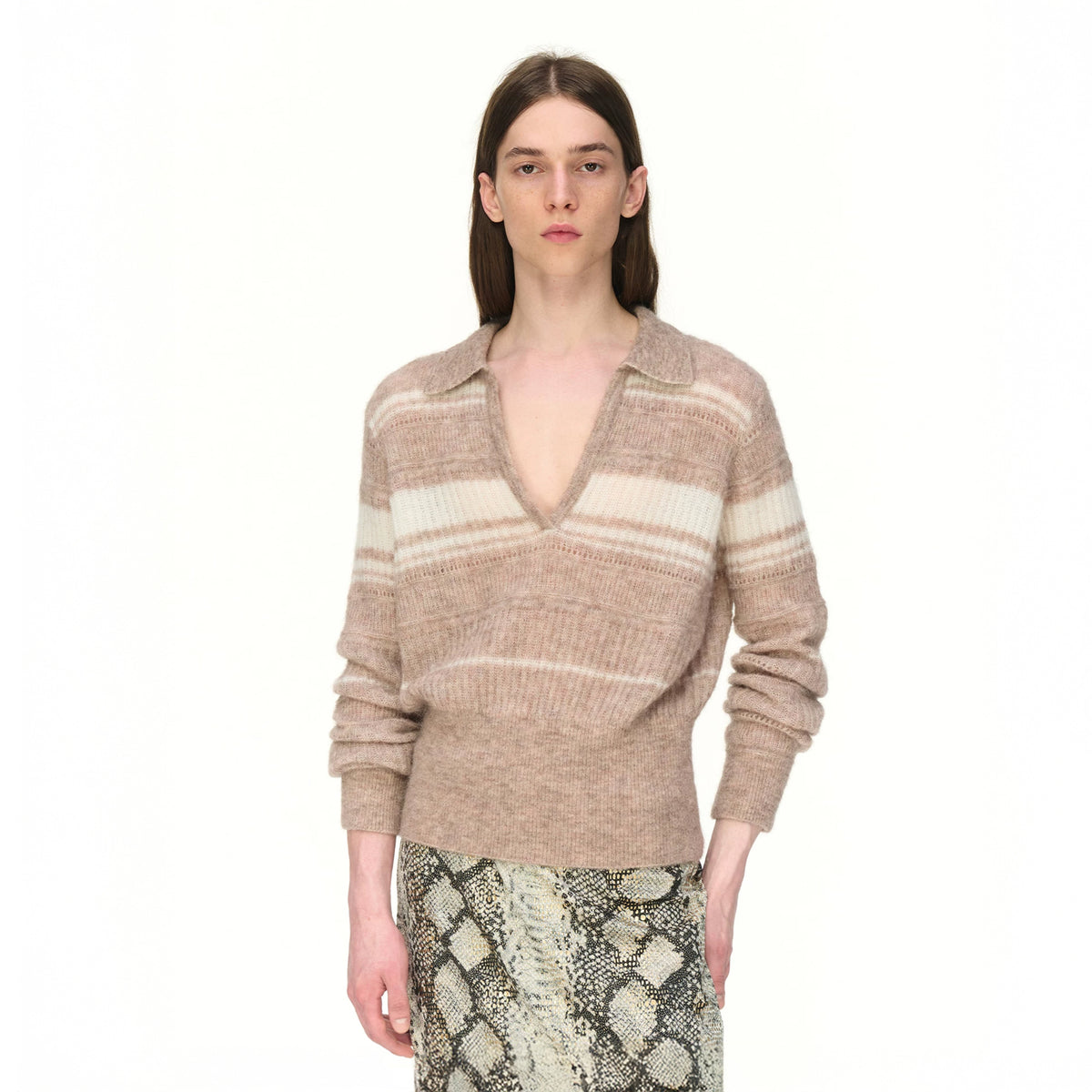 AURA LAND Retro Striped Polo-Neck Wool-Blend Fitted Sweater