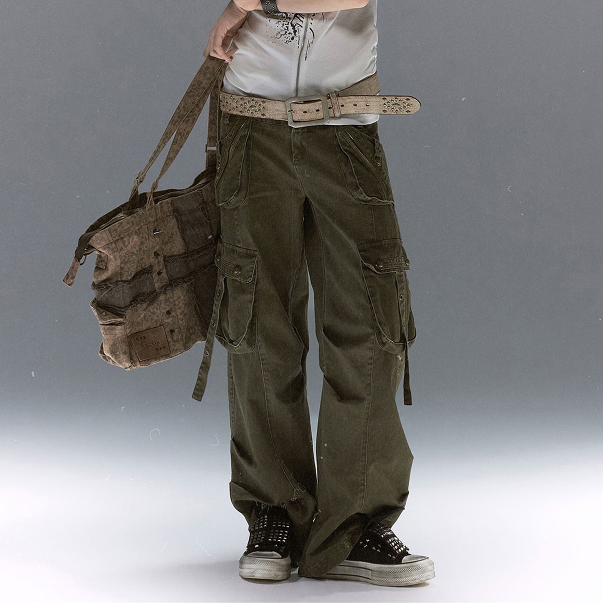 CESTNOUS Retro Washed Multi-Pocket Straight-Leg Cargo Pants