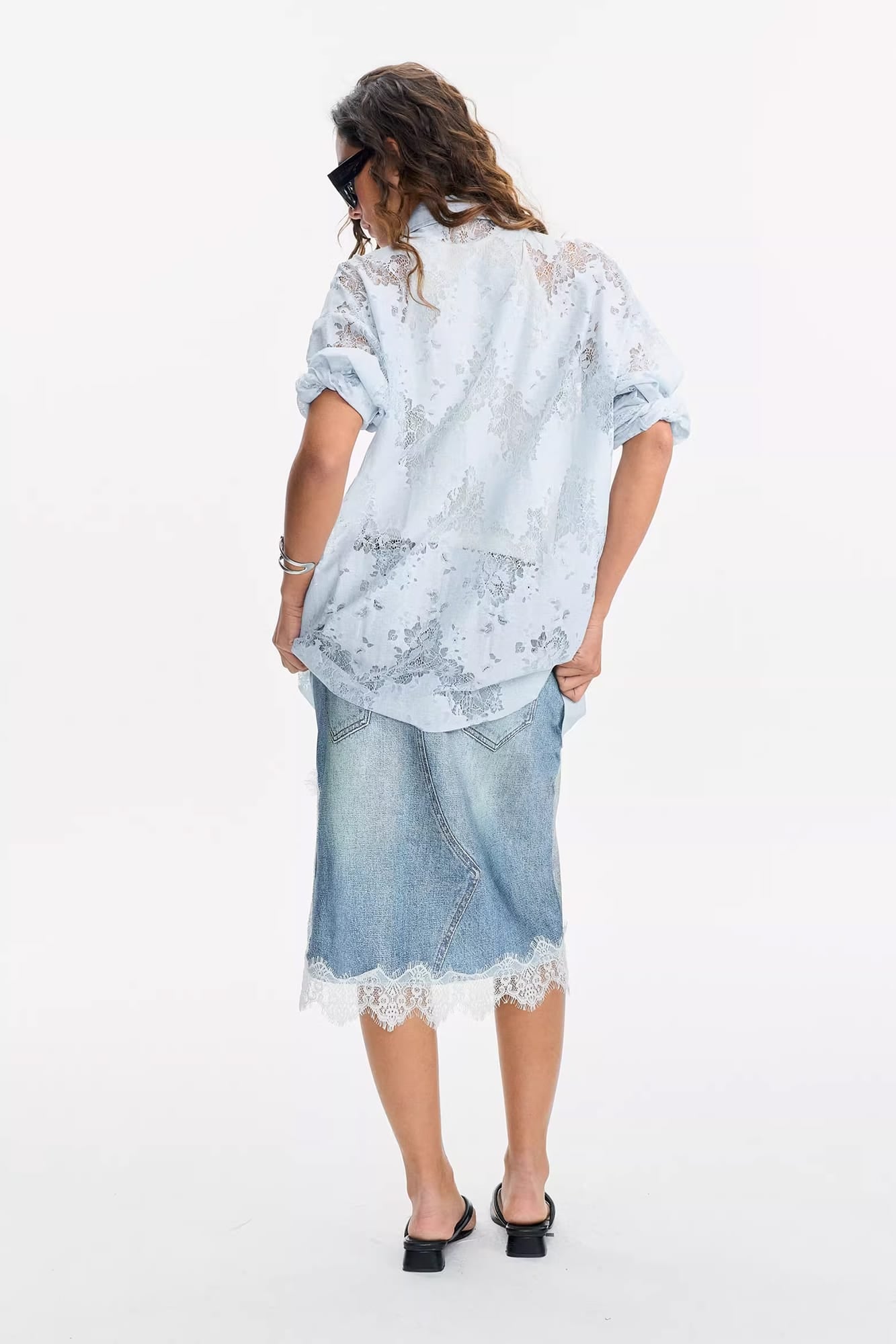 LEONSENSE Denim Full-Print Lace-Splice Slit Skirt