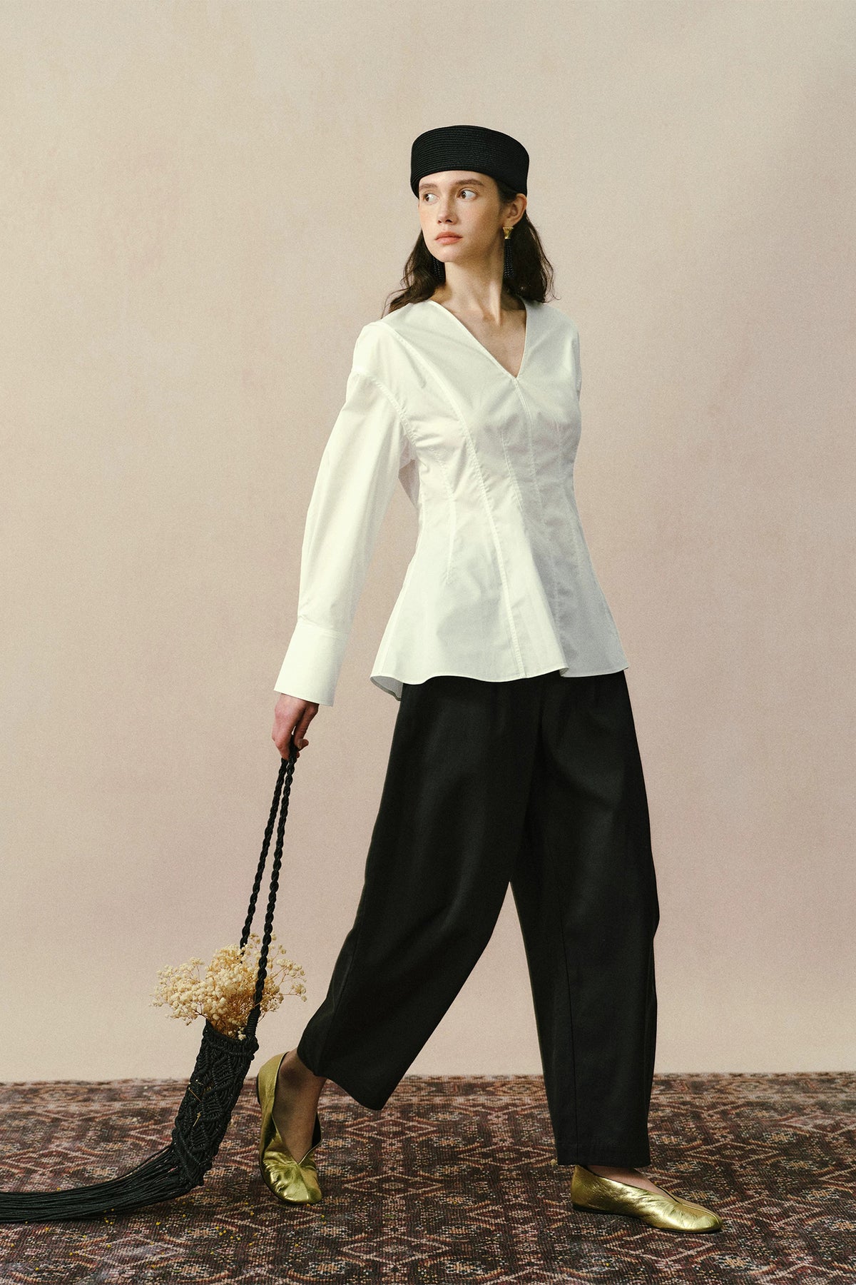 YUANYE Cinched-Waist V-Neck Bamboo-Blend Blouse