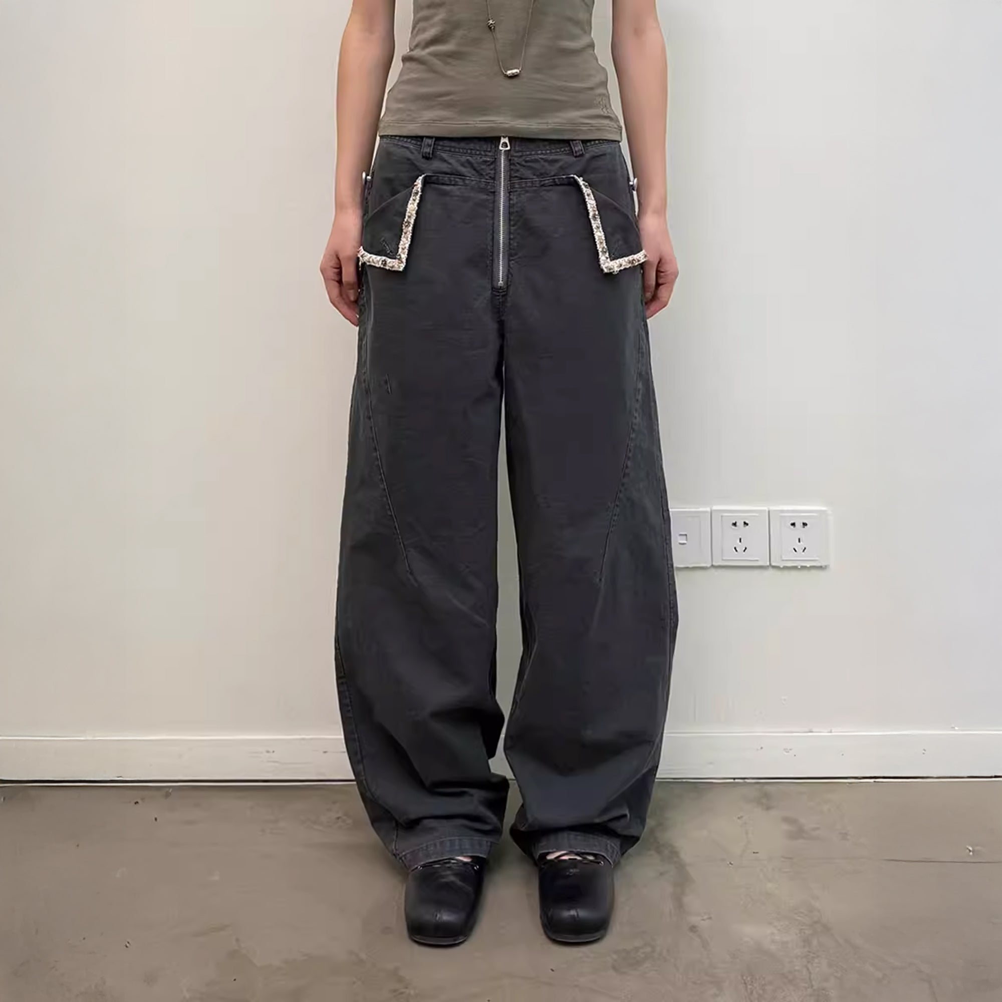 NEVERSEEZ Beaded-Trim Flap-Pocket Zip-Front Pants