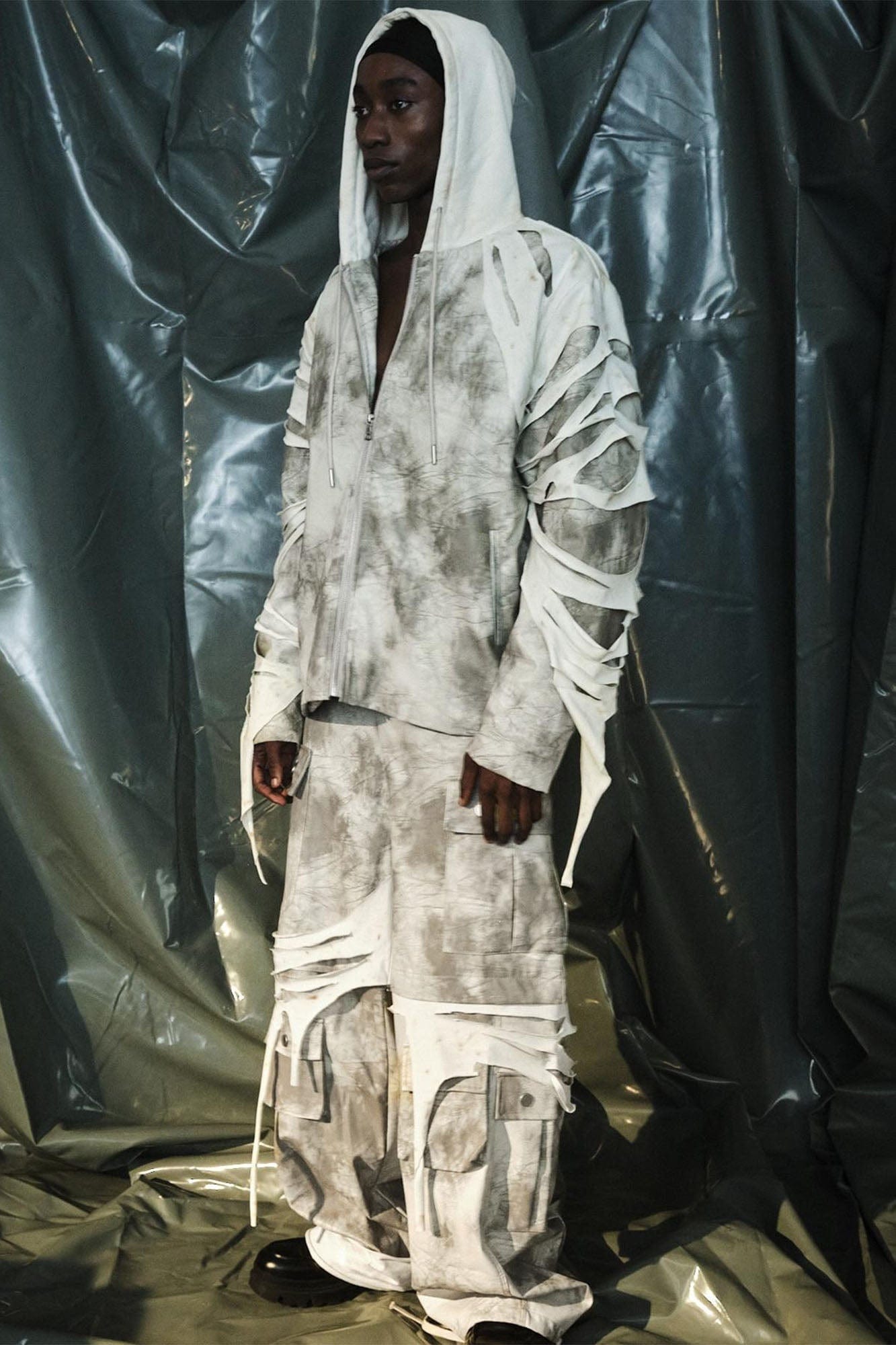 RECOVER ZONE Distressed Slashed PU Layered Cargo Pants, premium urban and streetwear designers apparel on PROJECTISR.com, RECOVER ZONE